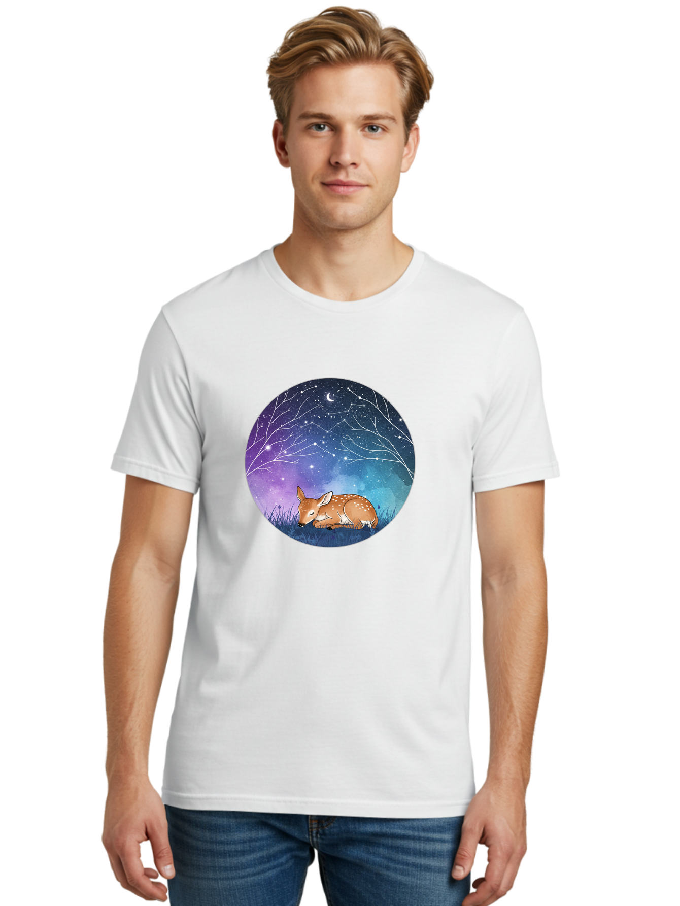 Deer-Under-Starry-Night-Sky Men'S Graphic Tee, 100% Cotton, Comfortable Casual Summer Wear, Machine Washable, Vintage Camera, Old Camera, Antique Camera, Black Camera, Classic Photography, Photography Equipment, Nostalgic Device, Film Camera, Baf030