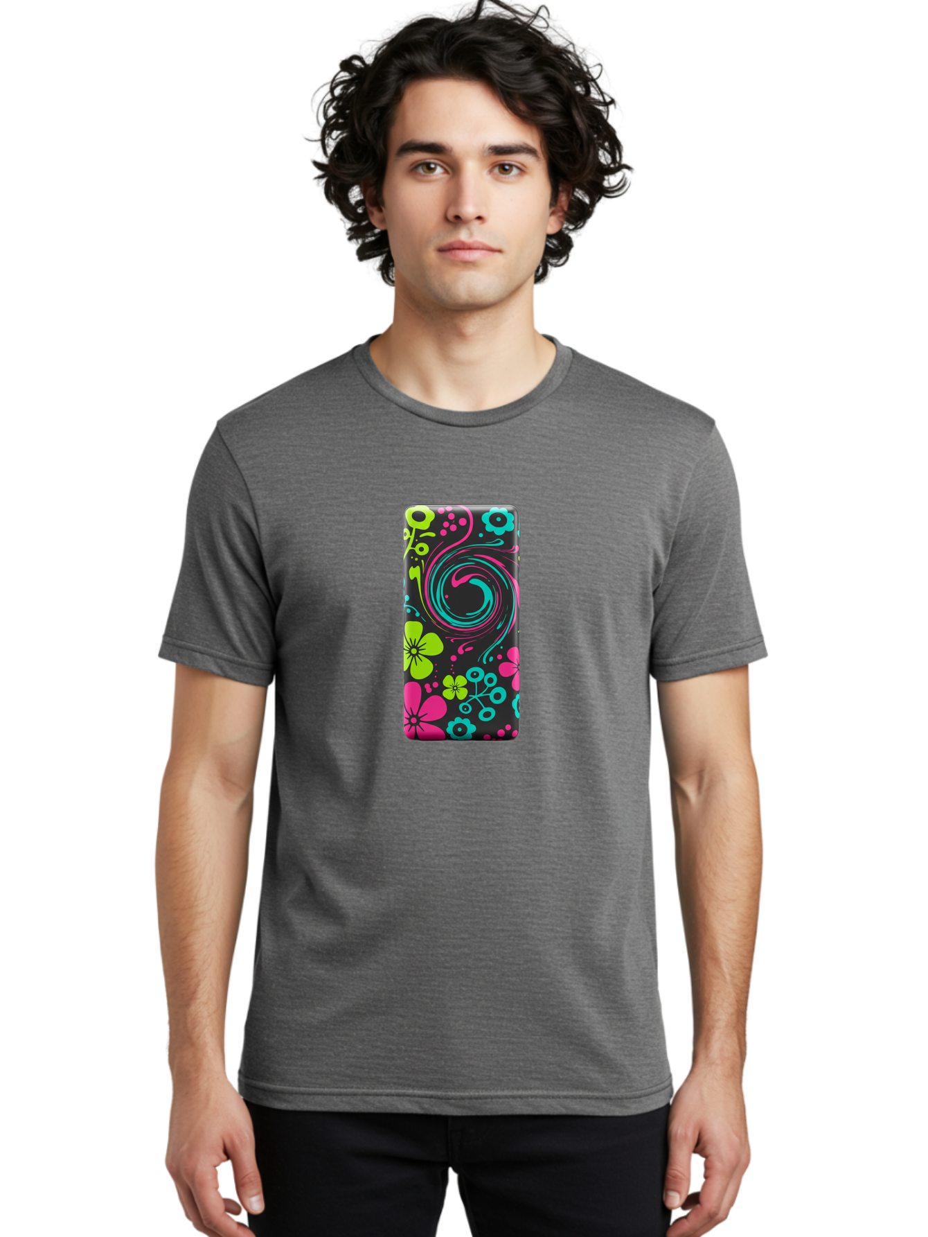 Floral-Swirl-Phone-Case Men'S Graphic Tee, 100% Cotton, Comfortable Casual Summer Wear, Machine Washable, Vintage Camera, Old Camera, Antique Camera, Black Camera, Classic Photography, Photography Equipment, Nostalgic Device, Film Camera, Baf085