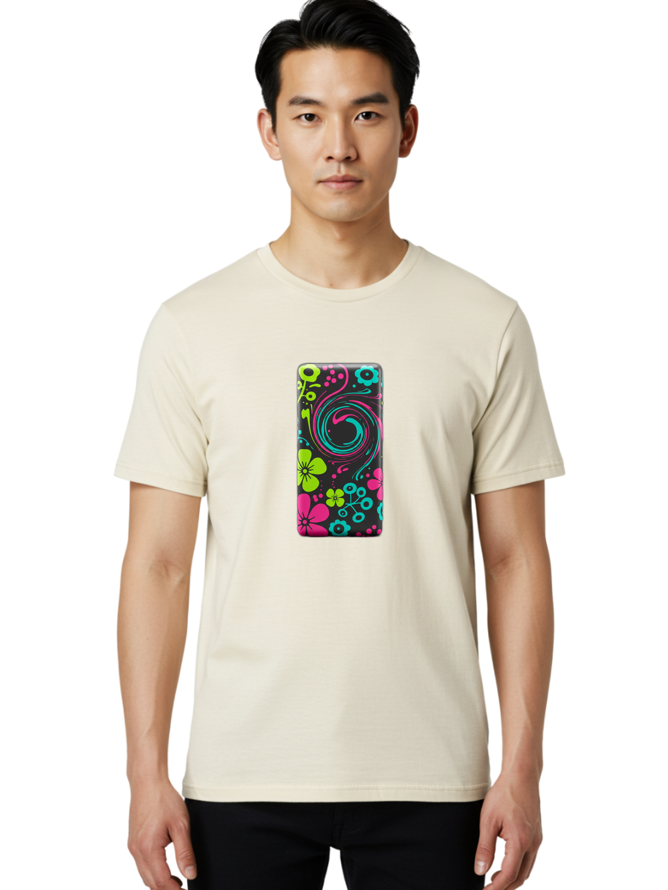 Floral-Swirl-Phone-Case Men'S Graphic Tee, 100% Cotton, Comfortable Casual Summer Wear, Machine Washable, Vintage Camera, Old Camera, Antique Camera, Black Camera, Classic Photography, Photography Equipment, Nostalgic Device, Film Camera, Baf085