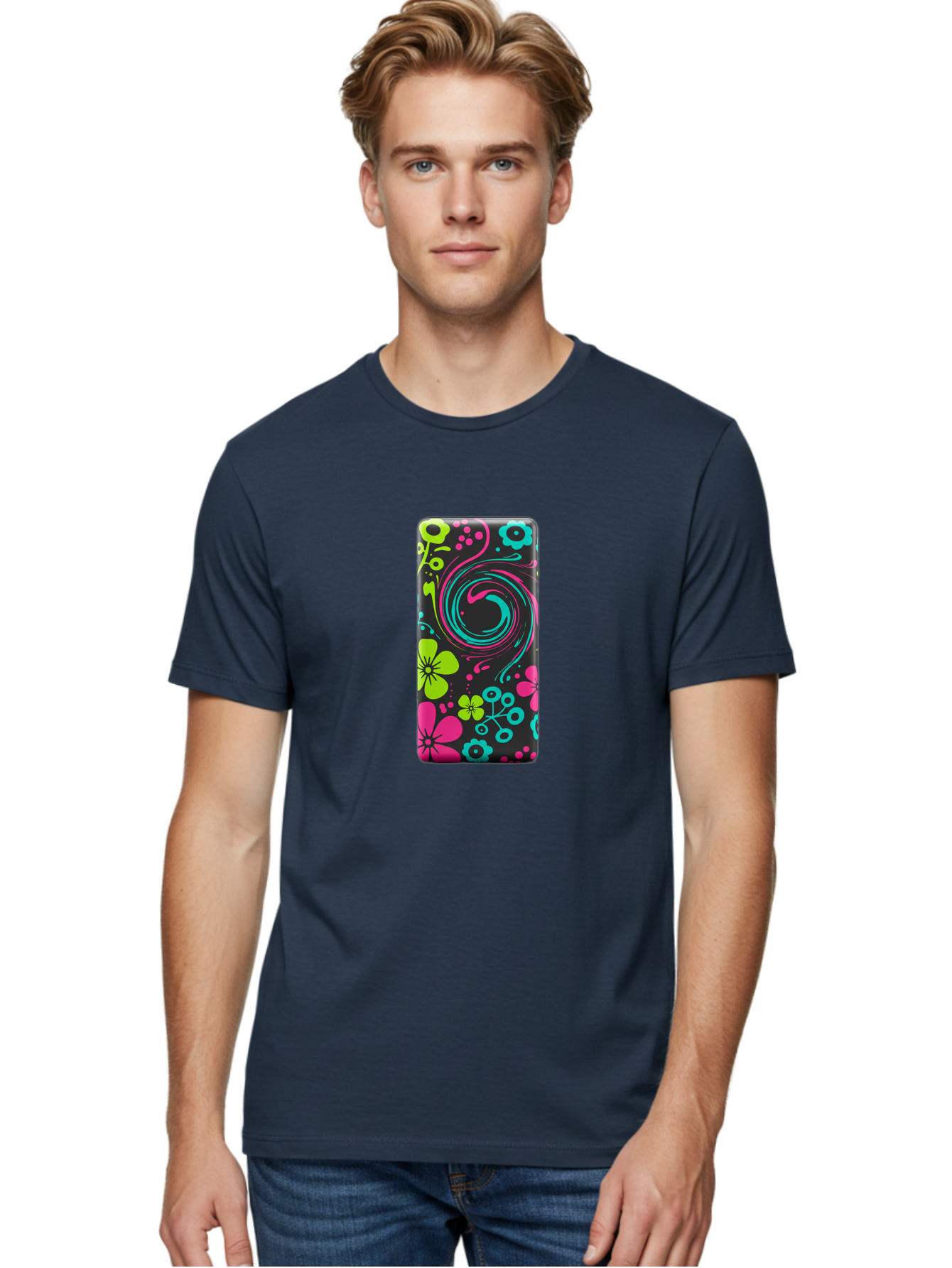 Floral-Swirl-Phone-Case Men'S Graphic Tee, 100% Cotton, Comfortable Casual Summer Wear, Machine Washable, Vintage Camera, Old Camera, Antique Camera, Black Camera, Classic Photography, Photography Equipment, Nostalgic Device, Film Camera, Baf085