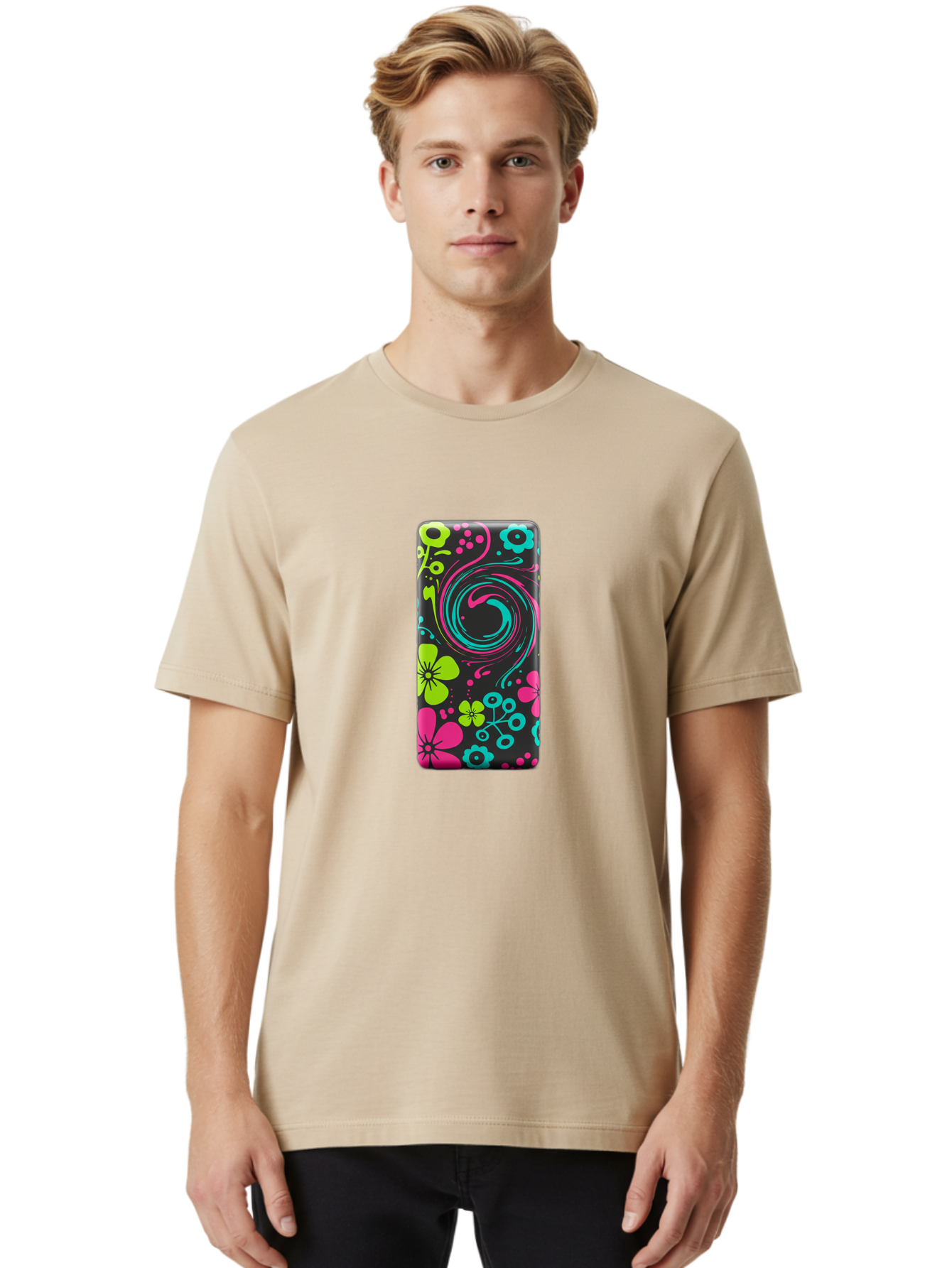 Floral-Swirl-Phone-Case Men'S Graphic Tee, 100% Cotton, Comfortable Casual Summer Wear, Machine Washable, Vintage Camera, Old Camera, Antique Camera, Black Camera, Classic Photography, Photography Equipment, Nostalgic Device, Film Camera, Baf085
