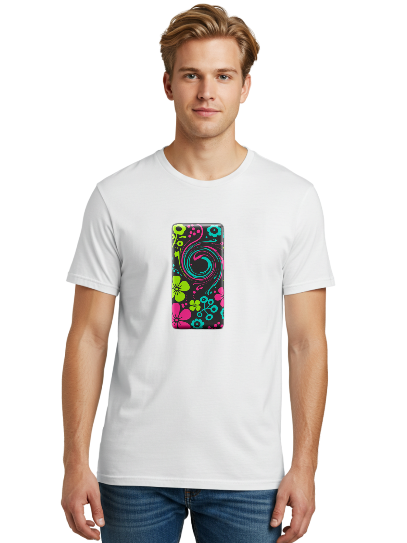 Floral-Swirl-Phone-Case Men'S Graphic Tee, 100% Cotton, Comfortable Casual Summer Wear, Machine Washable, Vintage Camera, Old Camera, Antique Camera, Black Camera, Classic Photography, Photography Equipment, Nostalgic Device, Film Camera, Baf085