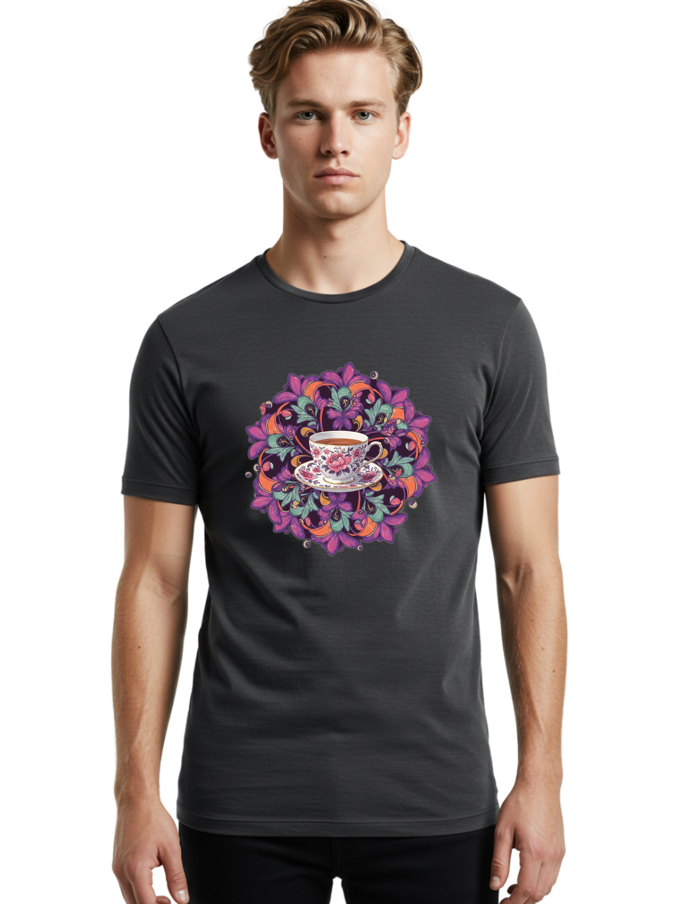 Floral-Tea-Cup Men'S Graphic Tee, 100% Cotton, Comfortable Casual Summer Wear, Machine Washable, Vintage Camera, Old Camera, Antique Camera, Black Camera, Classic Photography, Photography Equipment, Nostalgic Device, Film Camera, Camera Art Baf086