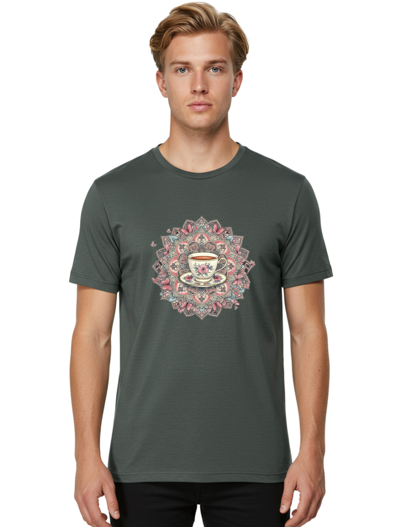 Floral-Teacup-Mandala Men'S Graphic Tee, 100% Cotton, Comfortable Casual Summer Wear, Machine Washable, Vintage Camera, Old Camera, Antique Camera, Black Camera, Classic Photography, Photography Equipment, Nostalgic Device, Film Camera, Baf087