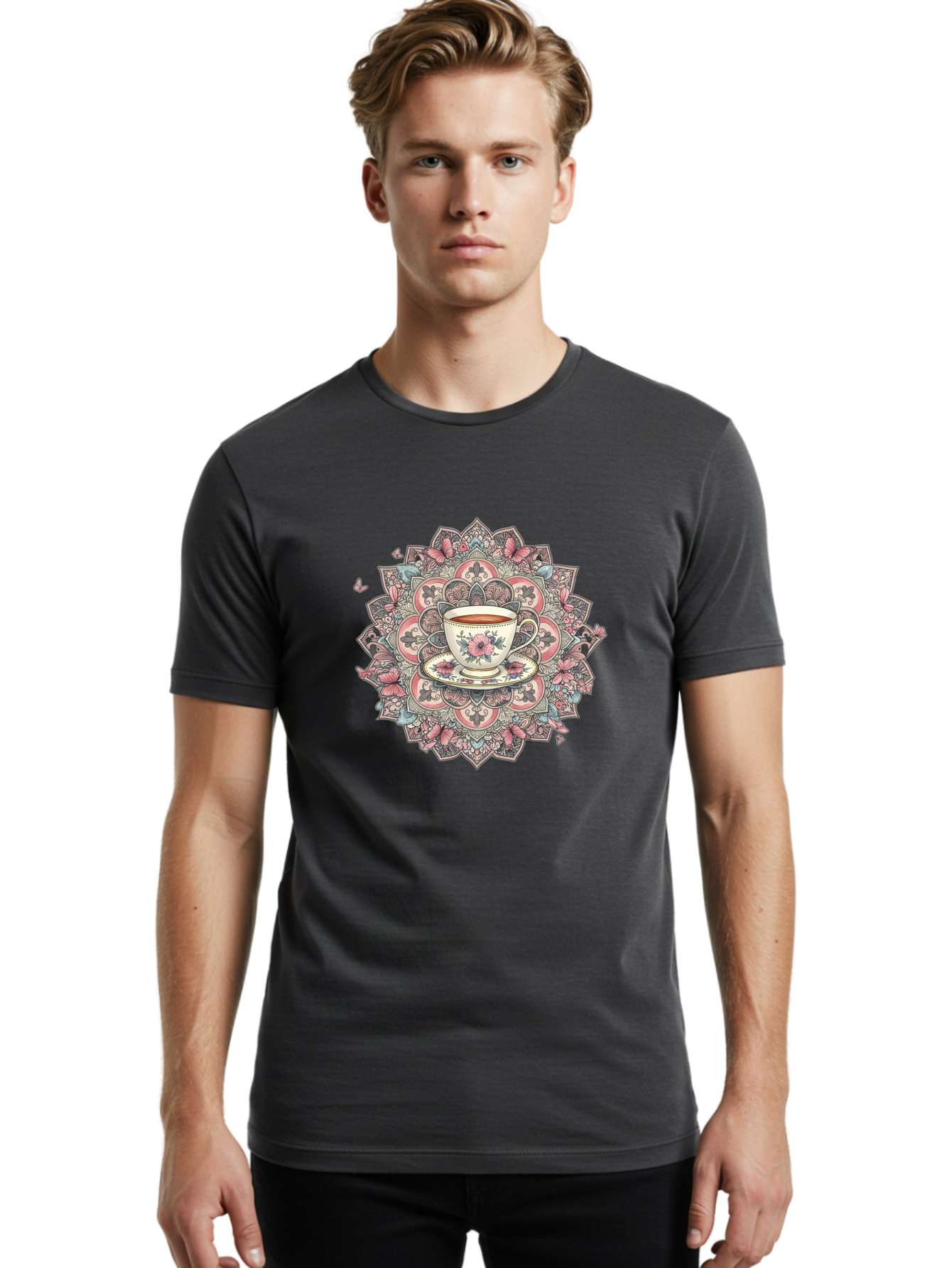 Floral-Teacup-Mandala Men'S Graphic Tee, 100% Cotton, Comfortable Casual Summer Wear, Machine Washable, Vintage Camera, Old Camera, Antique Camera, Black Camera, Classic Photography, Photography Equipment, Nostalgic Device, Film Camera, Baf087