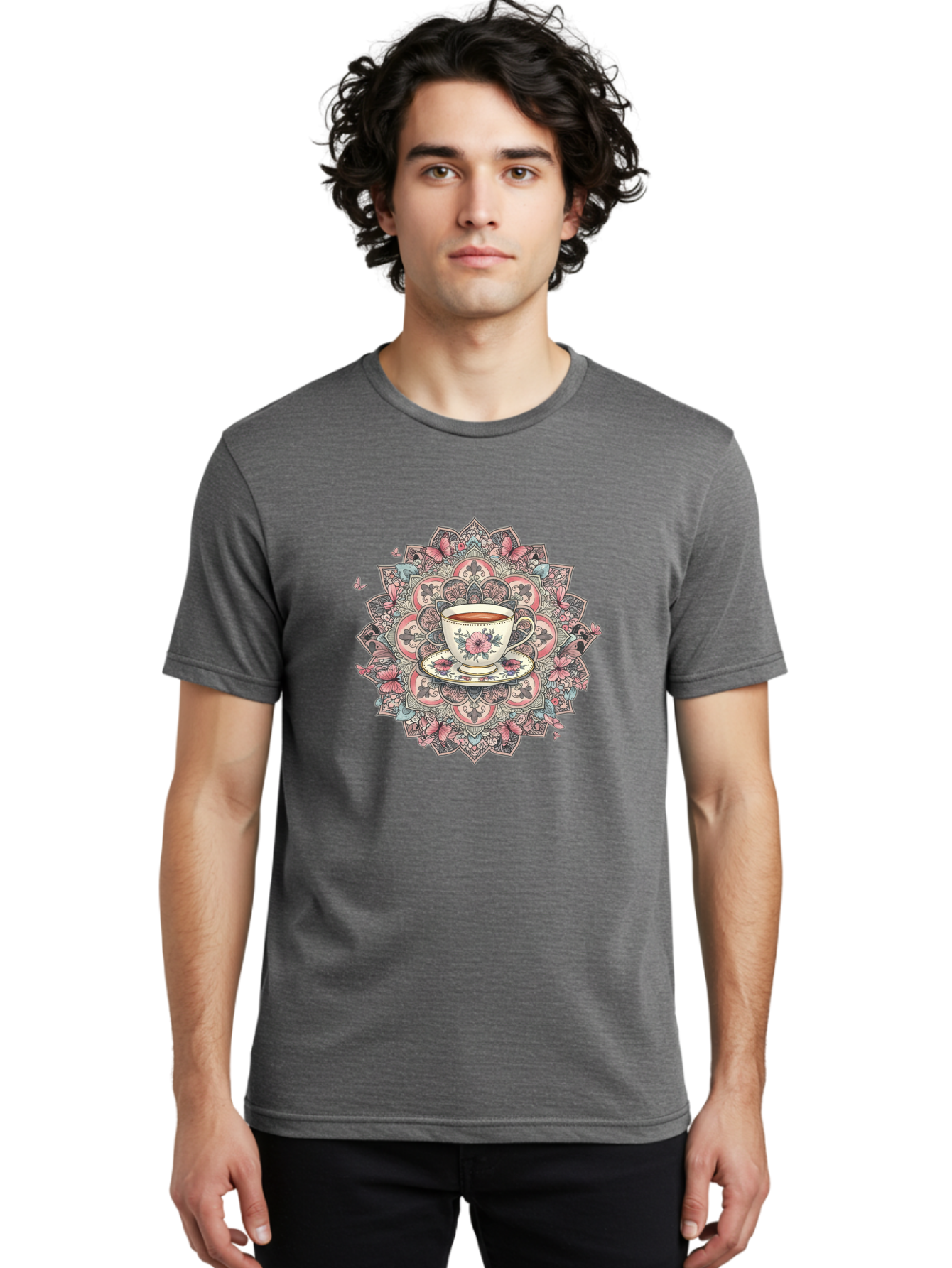 Floral-Teacup-Mandala Men'S Graphic Tee, 100% Cotton, Comfortable Casual Summer Wear, Machine Washable, Vintage Camera, Old Camera, Antique Camera, Black Camera, Classic Photography, Photography Equipment, Nostalgic Device, Film Camera, Baf087
