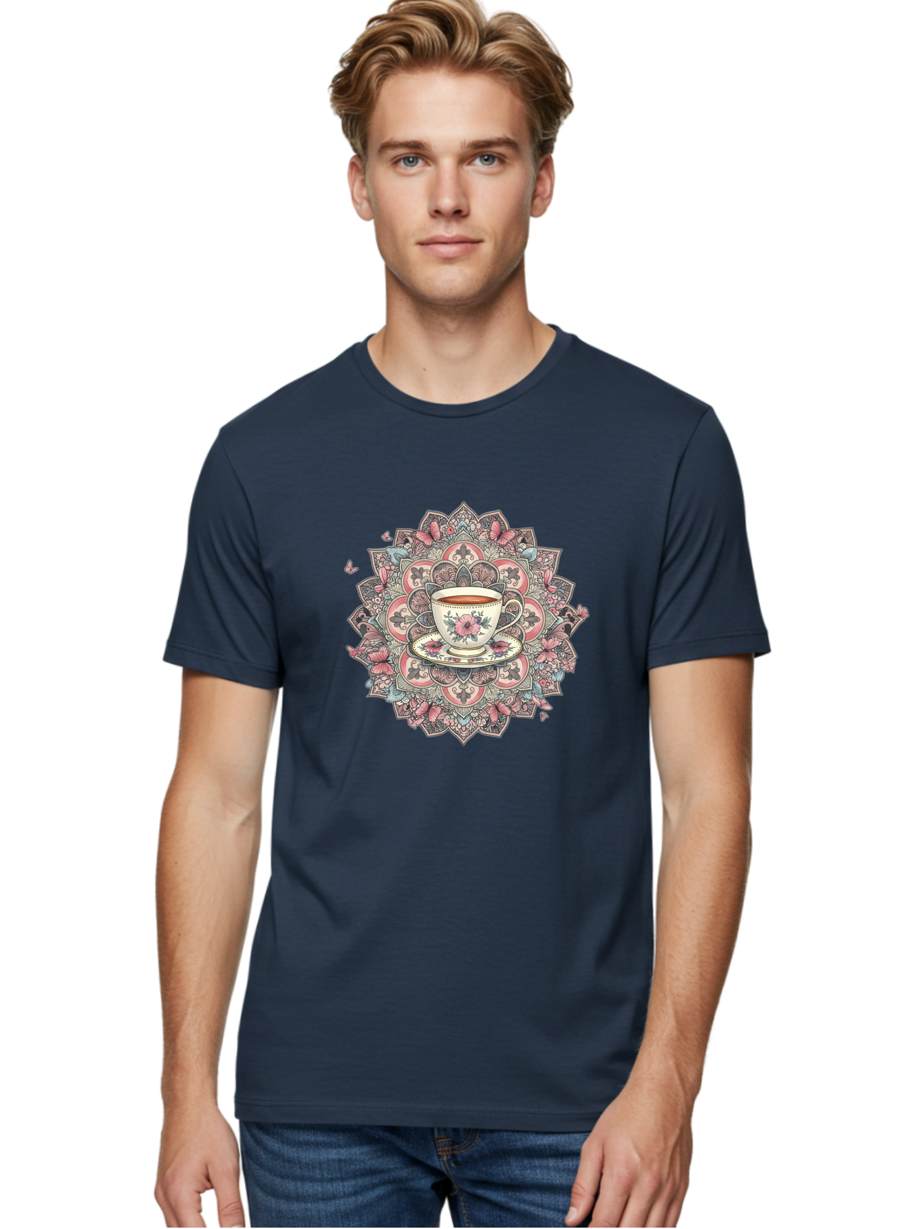 Floral-Teacup-Mandala Men'S Graphic Tee, 100% Cotton, Comfortable Casual Summer Wear, Machine Washable, Vintage Camera, Old Camera, Antique Camera, Black Camera, Classic Photography, Photography Equipment, Nostalgic Device, Film Camera, Baf087