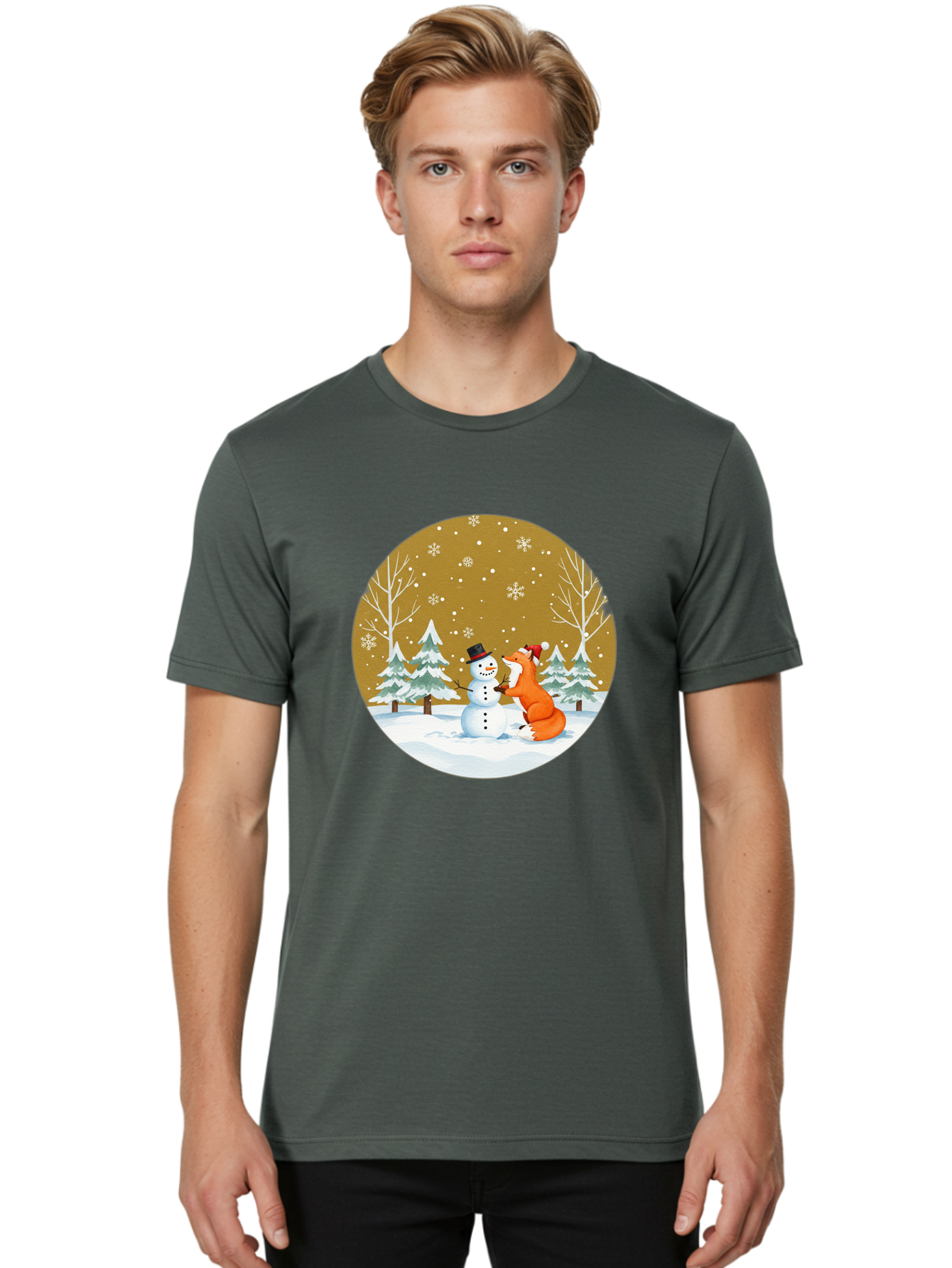 Fox-And-Snowman-Winter-Scene Men'S Graphic Tee, 100% Cotton, Comfortable Casual Summer Wear, Machine Washable, Vintage Camera, Old Camera, Antique Camera, Black Camera, Classic Photography, Photography Equipment, Nostalgic Device, Film Camera, Baf106