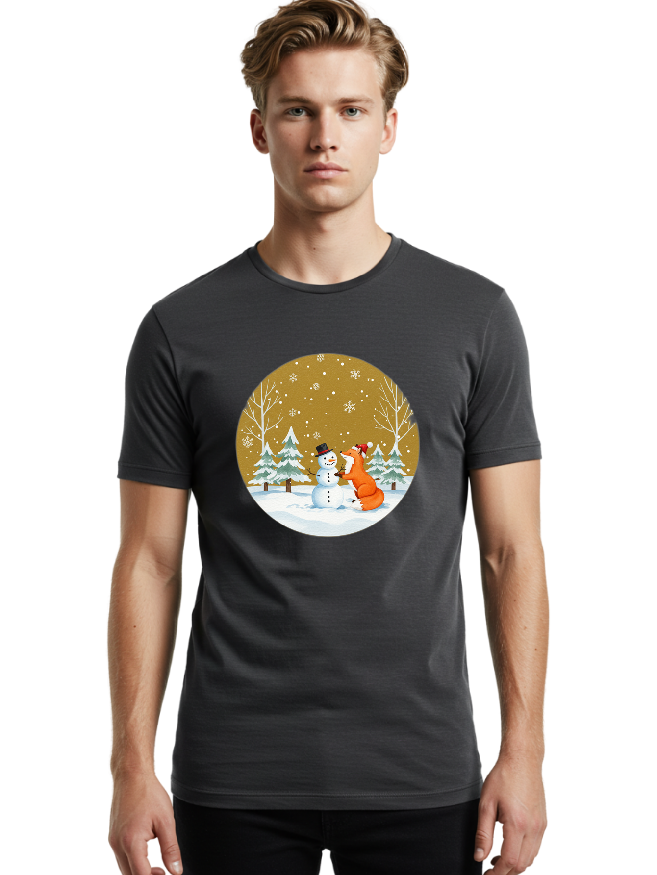 Fox-And-Snowman-Winter-Scene Men'S Graphic Tee, 100% Cotton, Comfortable Casual Summer Wear, Machine Washable, Vintage Camera, Old Camera, Antique Camera, Black Camera, Classic Photography, Photography Equipment, Nostalgic Device, Film Camera, Baf106