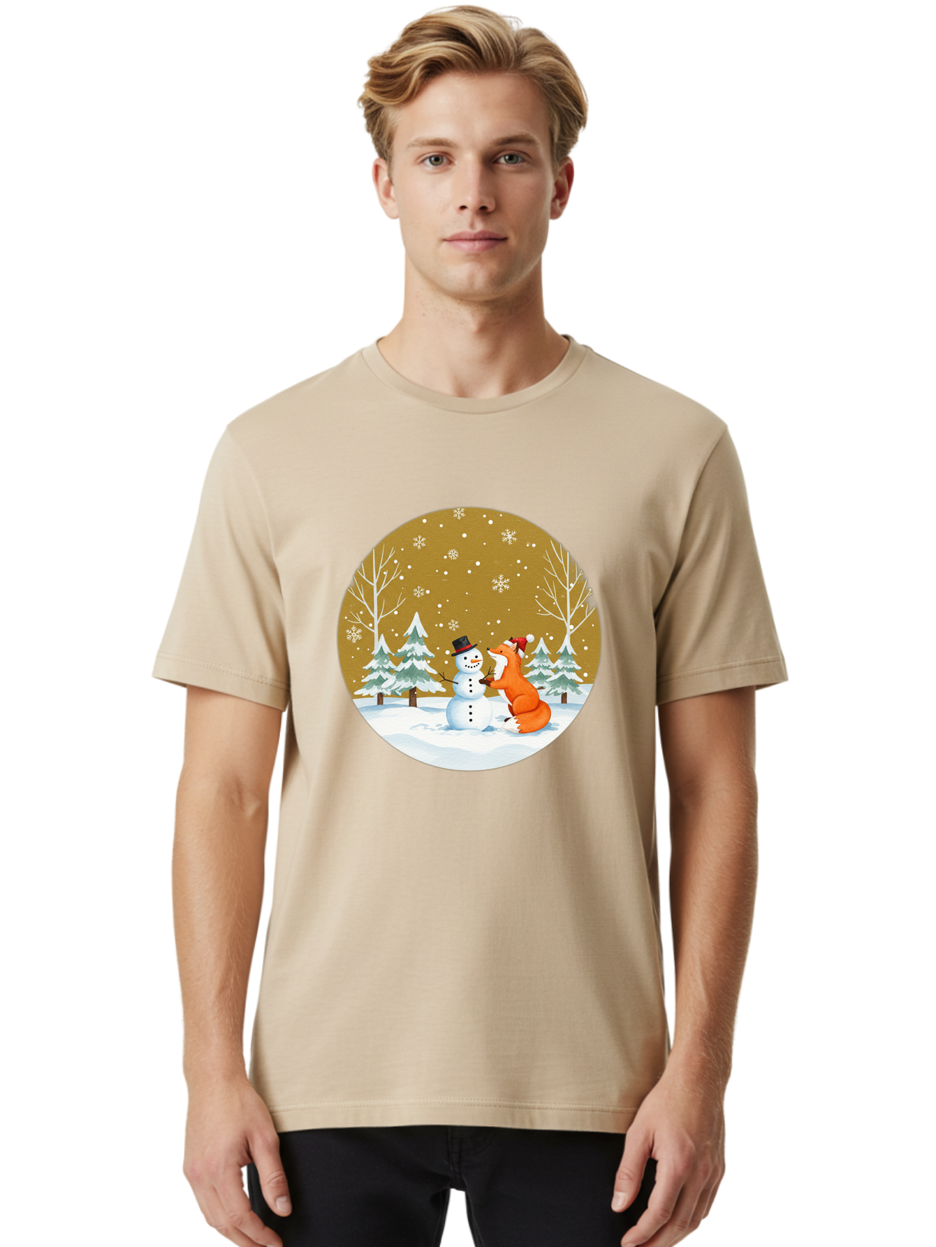Fox-And-Snowman-Winter-Scene Men'S Graphic Tee, 100% Cotton, Comfortable Casual Summer Wear, Machine Washable, Vintage Camera, Old Camera, Antique Camera, Black Camera, Classic Photography, Photography Equipment, Nostalgic Device, Film Camera, Baf106
