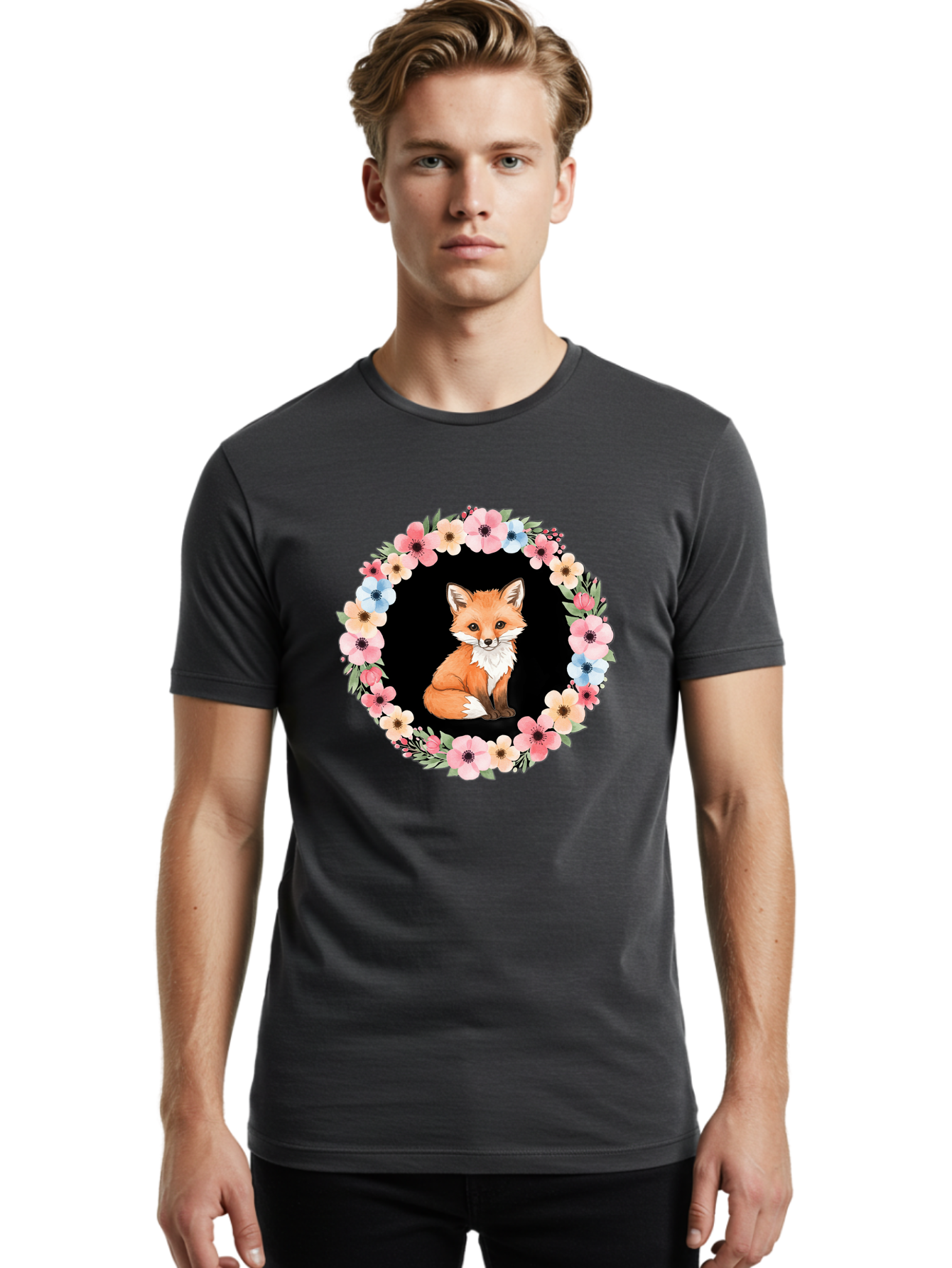 Fox-In-Floral-Wreath Men'S Graphic Tee, 100% Cotton, Comfortable Casual Summer Wear, Machine Washable, Vintage Camera, Old Camera, Antique Camera, Black Camera, Classic Photography, Photography Equipment, Nostalgic Device, Film Camera, Baf108
