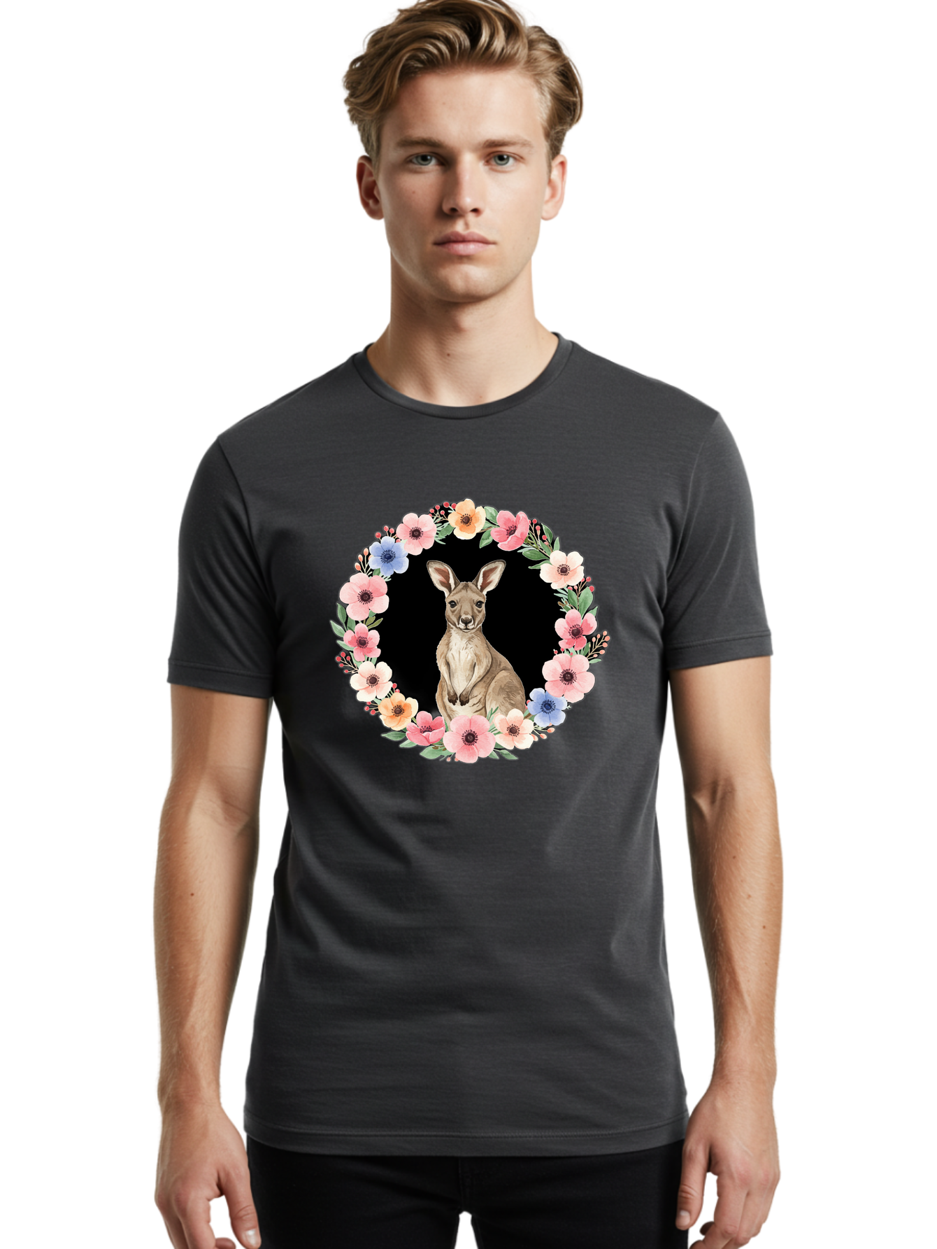 Kangaroo-In-Floral-Wreath Men'S Graphic Tee, 100% Cotton, Comfortable Casual Summer Wear, Machine Washable, Vintage Camera, Old Camera, Antique Camera, Black Camera, Classic Photography, Photography Equipment, Nostalgic Device, Film Camera, Baf157