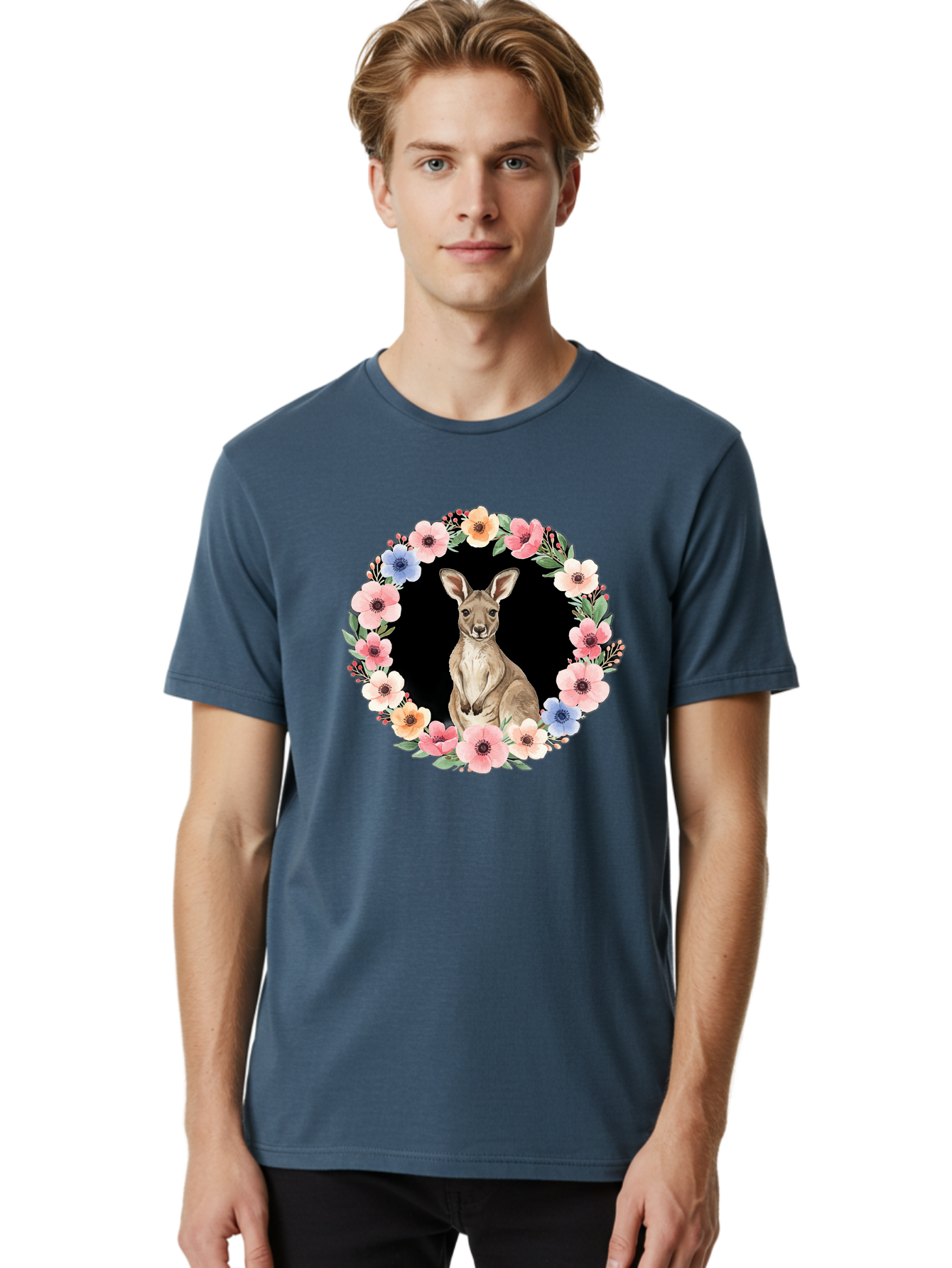 Kangaroo-In-Floral-Wreath Men'S Graphic Tee, 100% Cotton, Comfortable Casual Summer Wear, Machine Washable, Vintage Camera, Old Camera, Antique Camera, Black Camera, Classic Photography, Photography Equipment, Nostalgic Device, Film Camera, Baf157