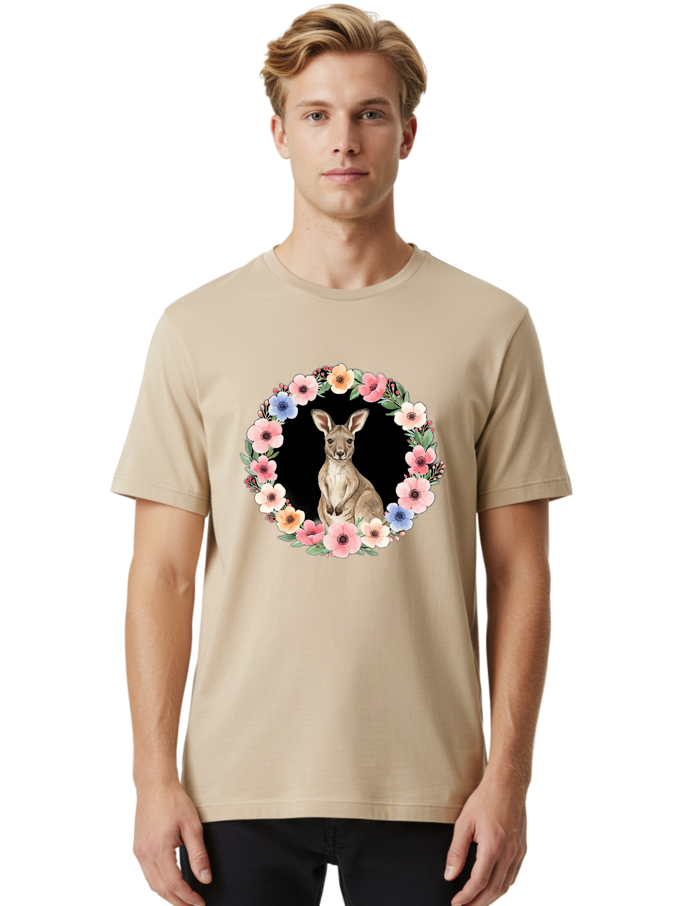 Kangaroo-In-Floral-Wreath Men'S Graphic Tee, 100% Cotton, Comfortable Casual Summer Wear, Machine Washable, Vintage Camera, Old Camera, Antique Camera, Black Camera, Classic Photography, Photography Equipment, Nostalgic Device, Film Camera, Baf157