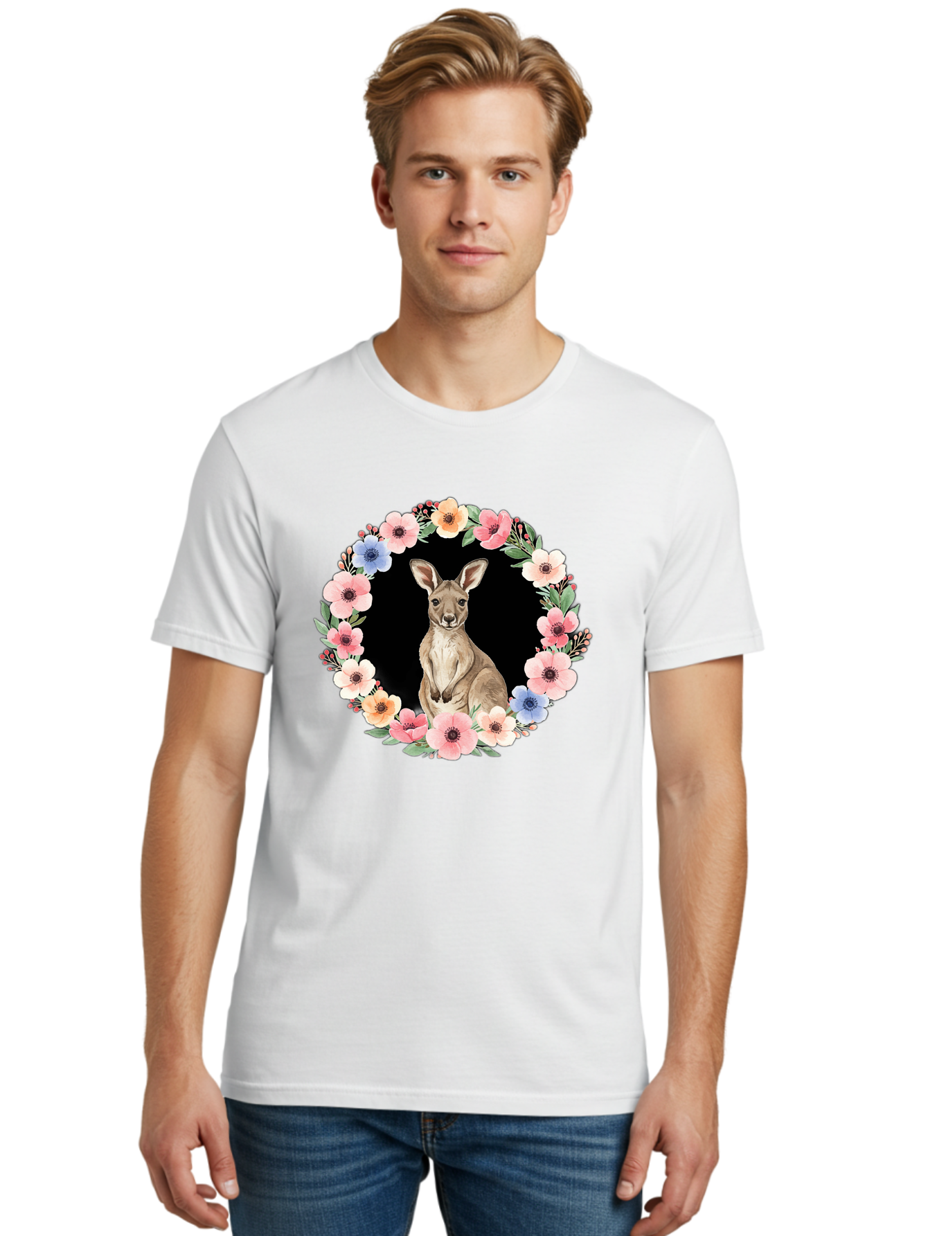Kangaroo-In-Floral-Wreath Men'S Graphic Tee, 100% Cotton, Comfortable Casual Summer Wear, Machine Washable, Vintage Camera, Old Camera, Antique Camera, Black Camera, Classic Photography, Photography Equipment, Nostalgic Device, Film Camera, Baf157