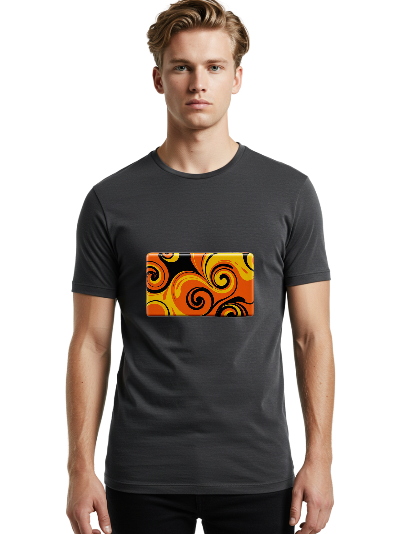 Orange-Swirl-Design Men'S Graphic Tee, 100% Cotton, Comfortable Casual Summer Wear, Machine Washable, Vintage Camera, Old Camera, Antique Camera, Black Camera, Classic Photography, Photography Equipment, Nostalgic Device, Film Camera, Baf245