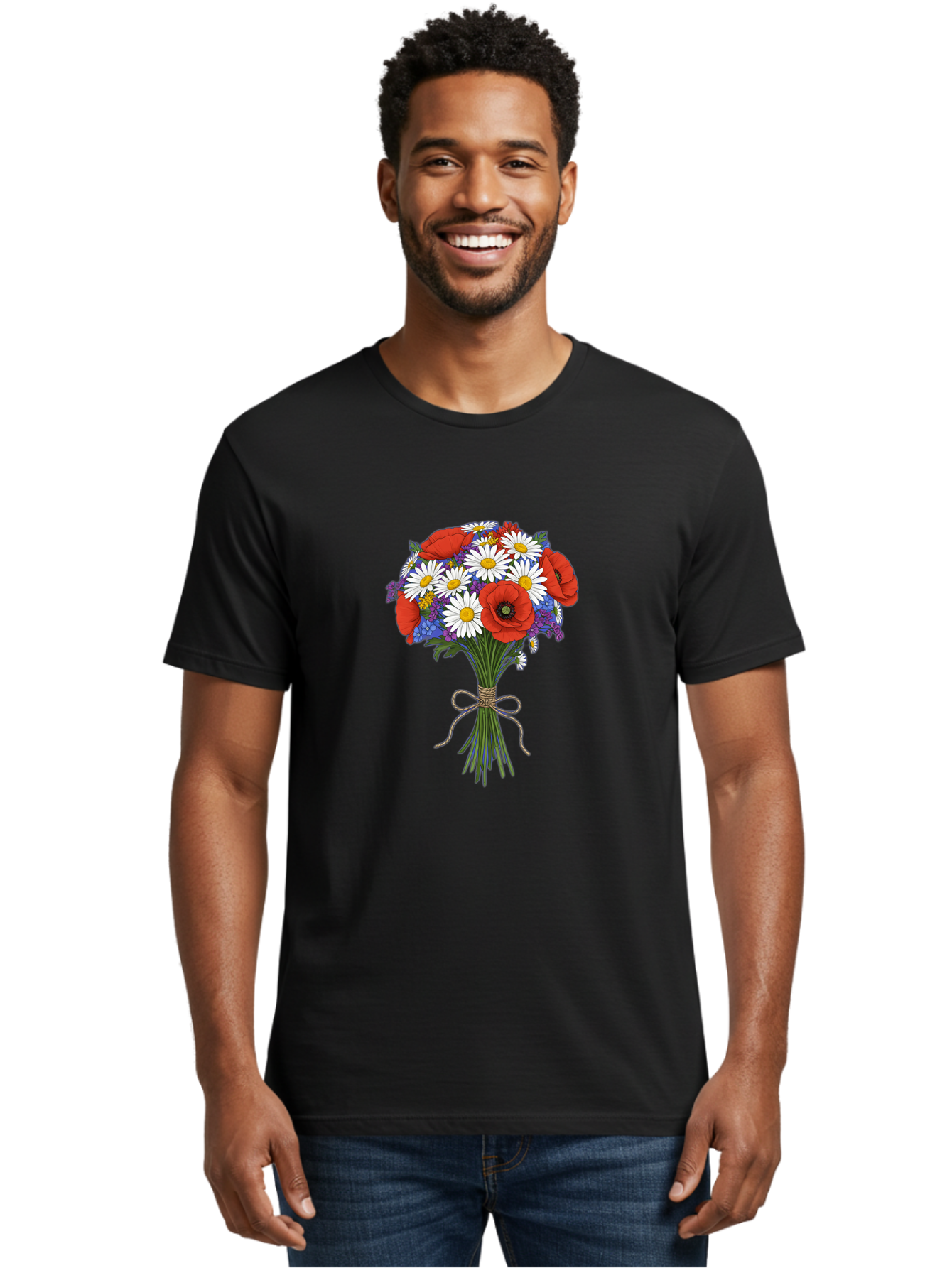Poppies-Daisies-And-Wildflowers-Bouquet Men'S Graphic Tee, 100% Cotton, Comfortable Casual Summer Wear, Machine Washable, Vintage Camera, Old Camera, Antique Camera, Black Camera, Classic Photography, Photography Equipment, Nostalgic Device, Baf434
