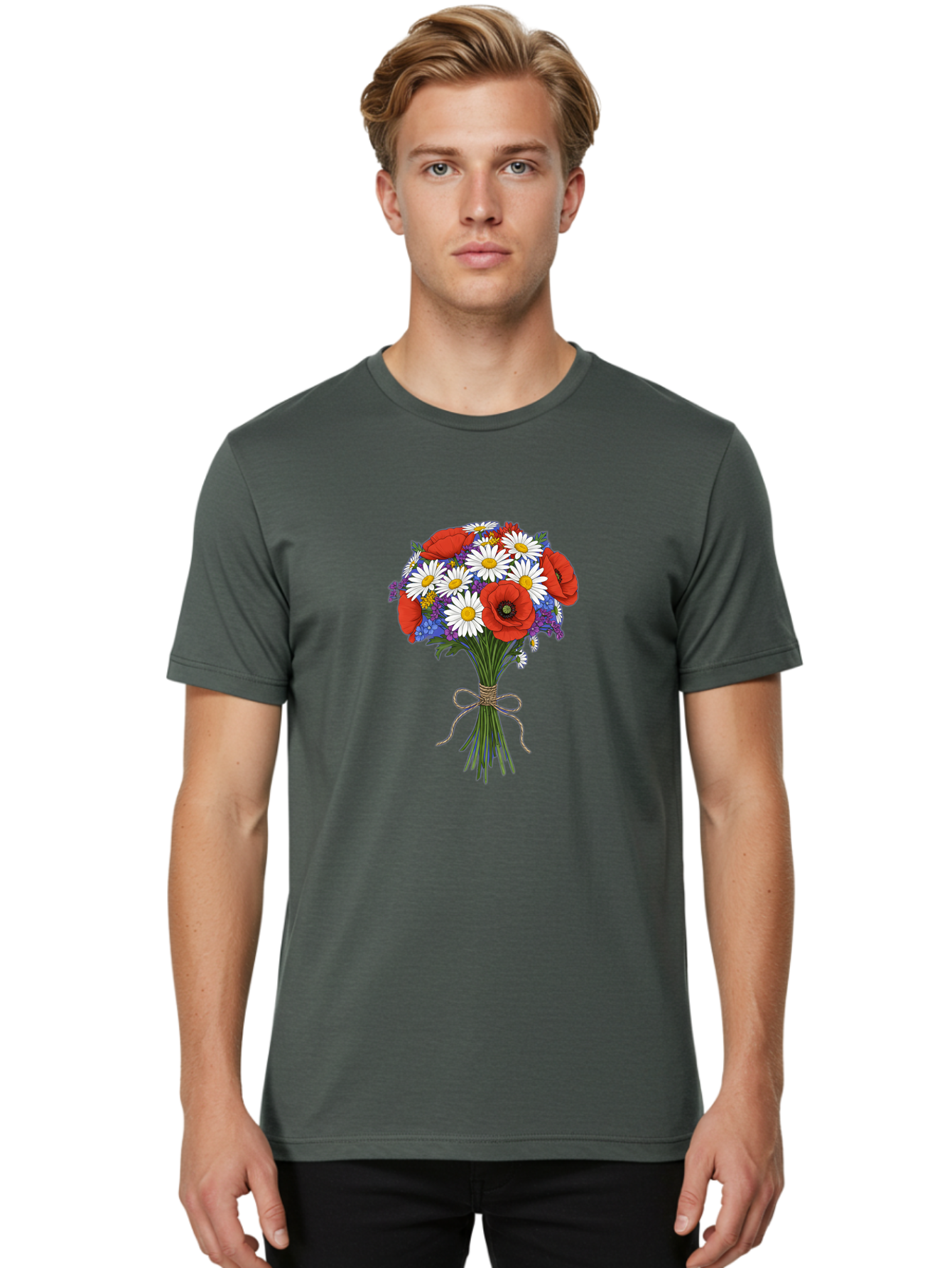 Poppies-Daisies-And-Wildflowers-Bouquet Men'S Graphic Tee, 100% Cotton, Comfortable Casual Summer Wear, Machine Washable, Vintage Camera, Old Camera, Antique Camera, Black Camera, Classic Photography, Photography Equipment, Nostalgic Device, Baf434