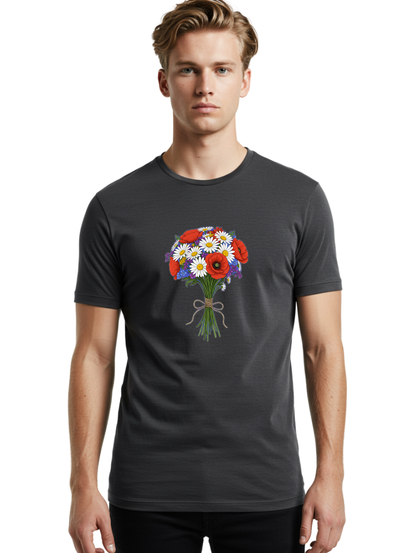 Poppies-Daisies-And-Wildflowers-Bouquet Men'S Graphic Tee, 100% Cotton, Comfortable Casual Summer Wear, Machine Washable, Vintage Camera, Old Camera, Antique Camera, Black Camera, Classic Photography, Photography Equipment, Nostalgic Device, Baf434