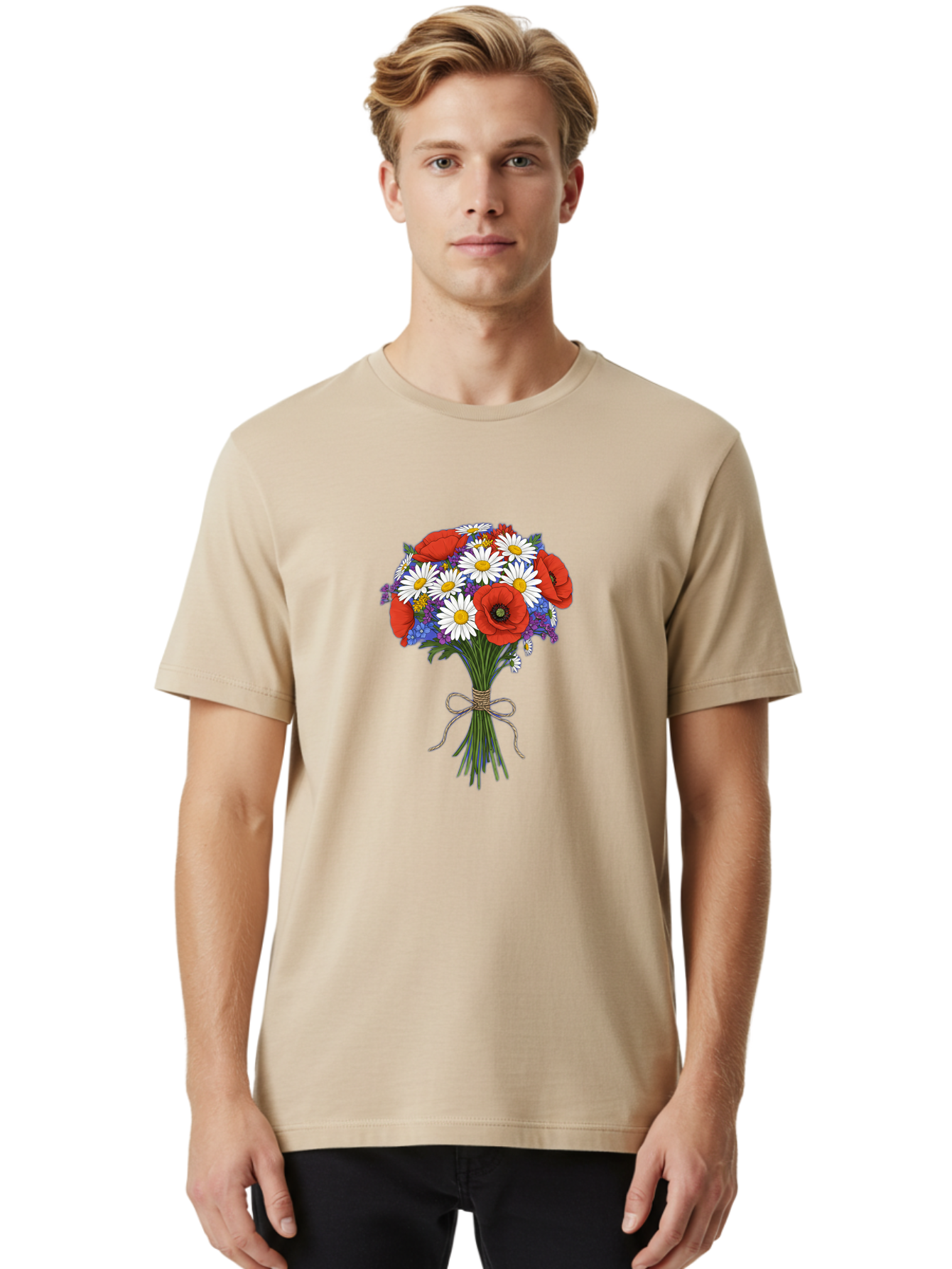Poppies-Daisies-And-Wildflowers-Bouquet Men'S Graphic Tee, 100% Cotton, Comfortable Casual Summer Wear, Machine Washable, Vintage Camera, Old Camera, Antique Camera, Black Camera, Classic Photography, Photography Equipment, Nostalgic Device, Baf434