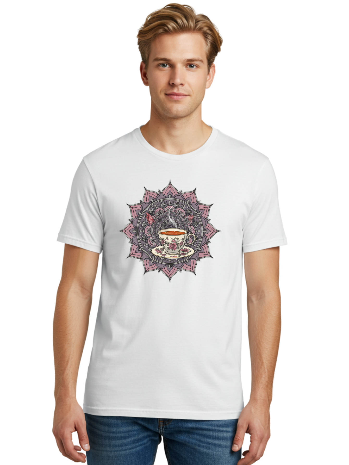 Tea-Cup-Mandala-1 Men'S Graphic Tee, 100% Cotton, Comfortable Casual Summer Wear, Machine Washable, Vintage Camera, Old Camera, Antique Camera, Black Camera, Classic Photography, Photography Equipment, Nostalgic Device, Film Camera, Camera Art Baf564