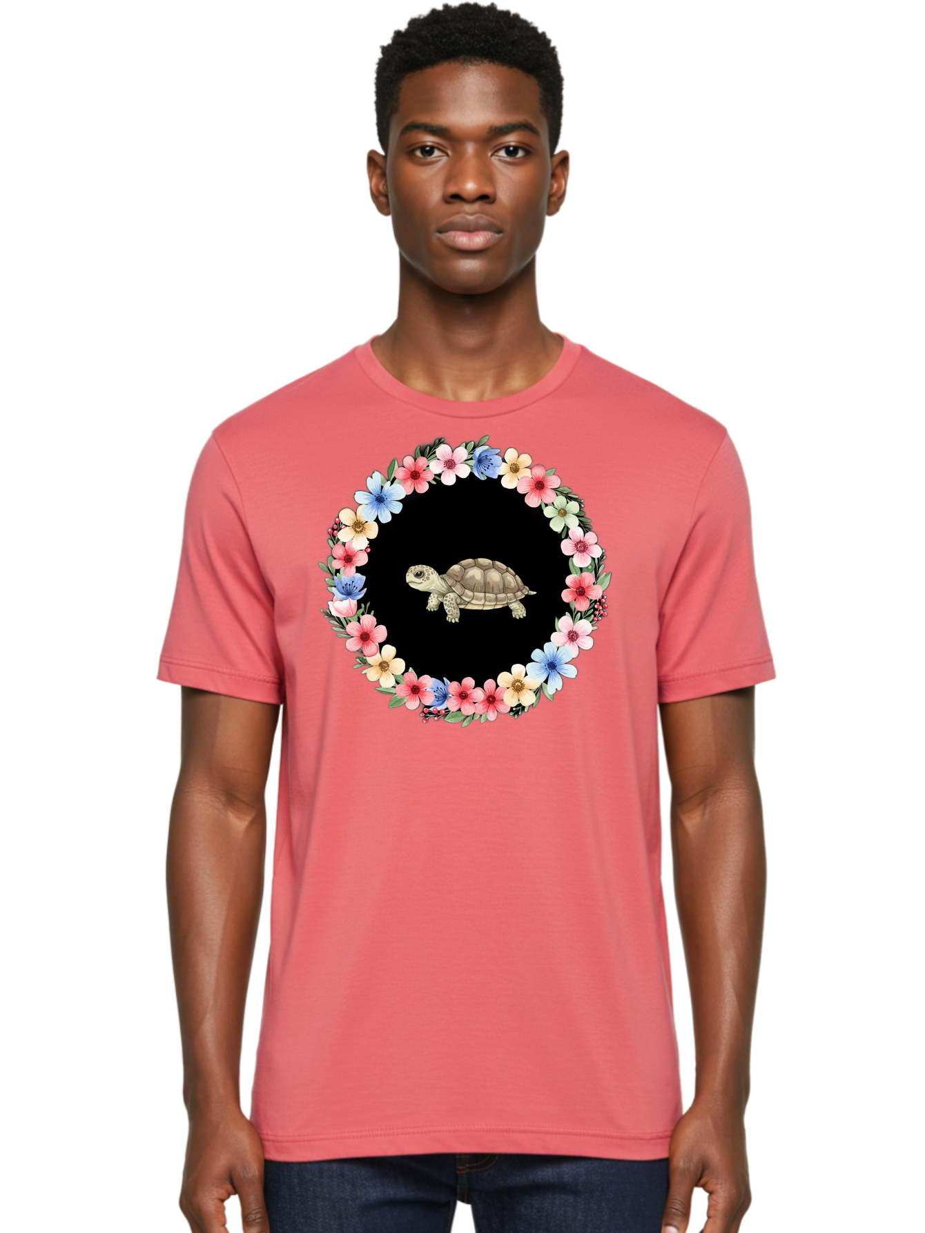 Tortoise-In-Floral-Circle Men'S Graphic Tee, 100% Cotton, Comfortable Casual Summer Wear, Machine Washable, Vintage Camera, Old Camera, Antique Camera, Black Camera, Classic Photography, Photography Equipment, Nostalgic Device, Film Camera, Baf597