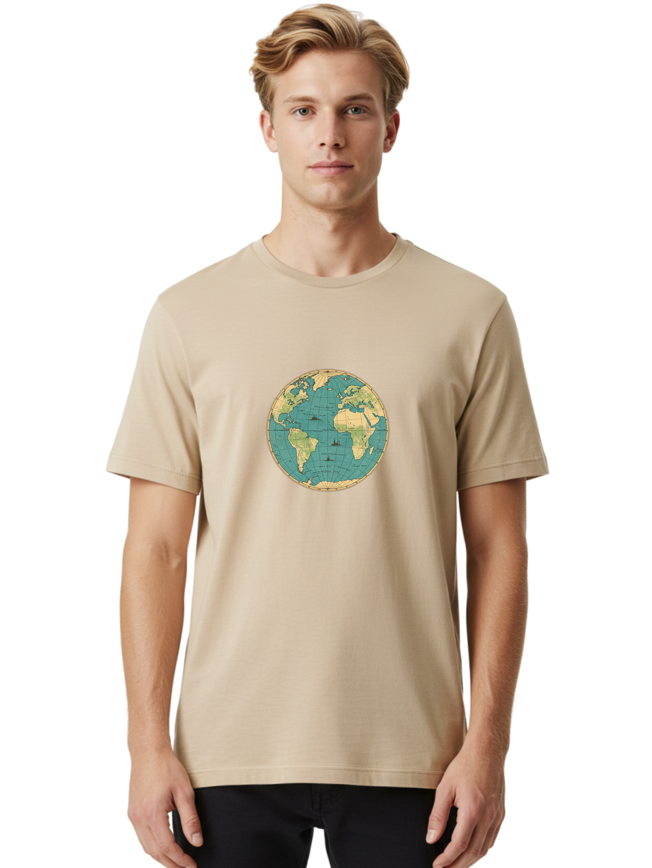 World-Map-Globe Men'S Graphic Tee, 100% Cotton, Comfortable Casual Summer Wear, Machine Washable, Vintage Camera, Old Camera, Antique Camera, Black Camera, Classic Photography, Photography Equipment, Nostalgic Device, Film Camera, Camera Art Baf675
