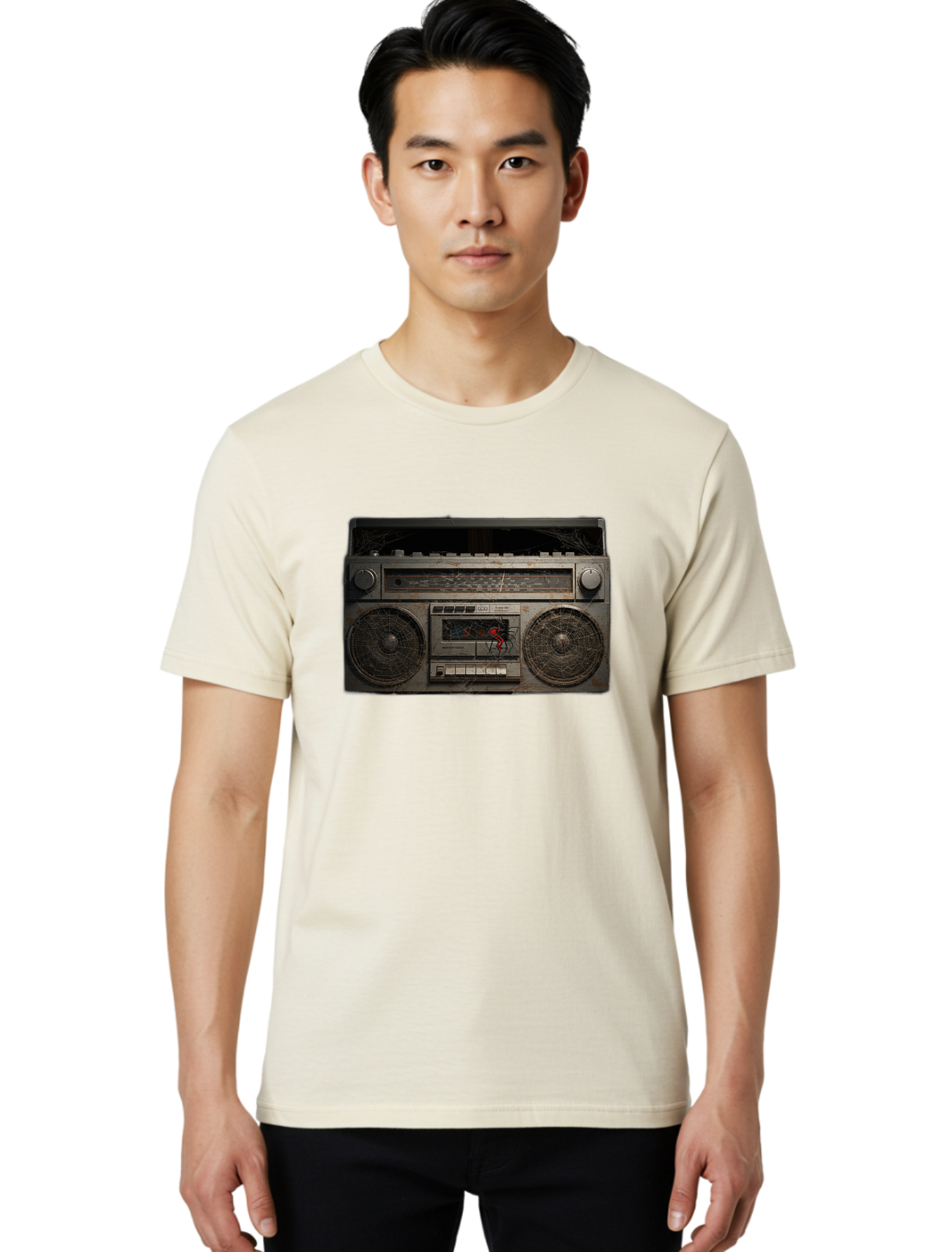 Boombox-With-Spider Men'S Graphic Tee, 100% Cotton, Comfortable Casual Summer Wear, Machine Washable, Vintage Camera, Old Camera, Antique Camera, Black Camera, Classic Photography, Photography Equipment, Nostalgic Device, Film Camera, Baf703