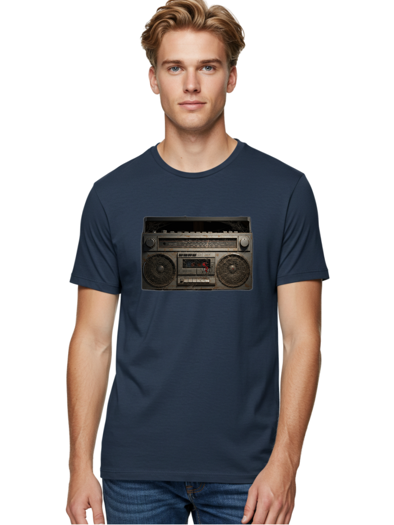 Boombox-With-Spider Men'S Graphic Tee, 100% Cotton, Comfortable Casual Summer Wear, Machine Washable, Vintage Camera, Old Camera, Antique Camera, Black Camera, Classic Photography, Photography Equipment, Nostalgic Device, Film Camera, Baf703