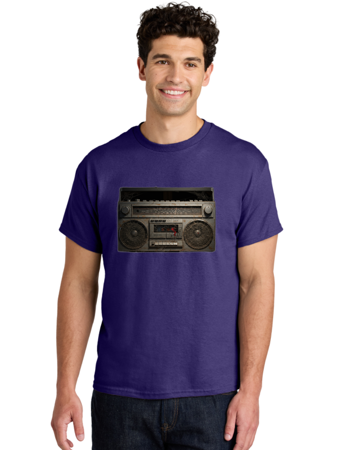 Boombox-With-Spider Men'S Graphic Tee, 100% Cotton, Comfortable Casual Summer Wear, Machine Washable, Vintage Camera, Old Camera, Antique Camera, Black Camera, Classic Photography, Photography Equipment, Nostalgic Device, Film Camera, Baf703