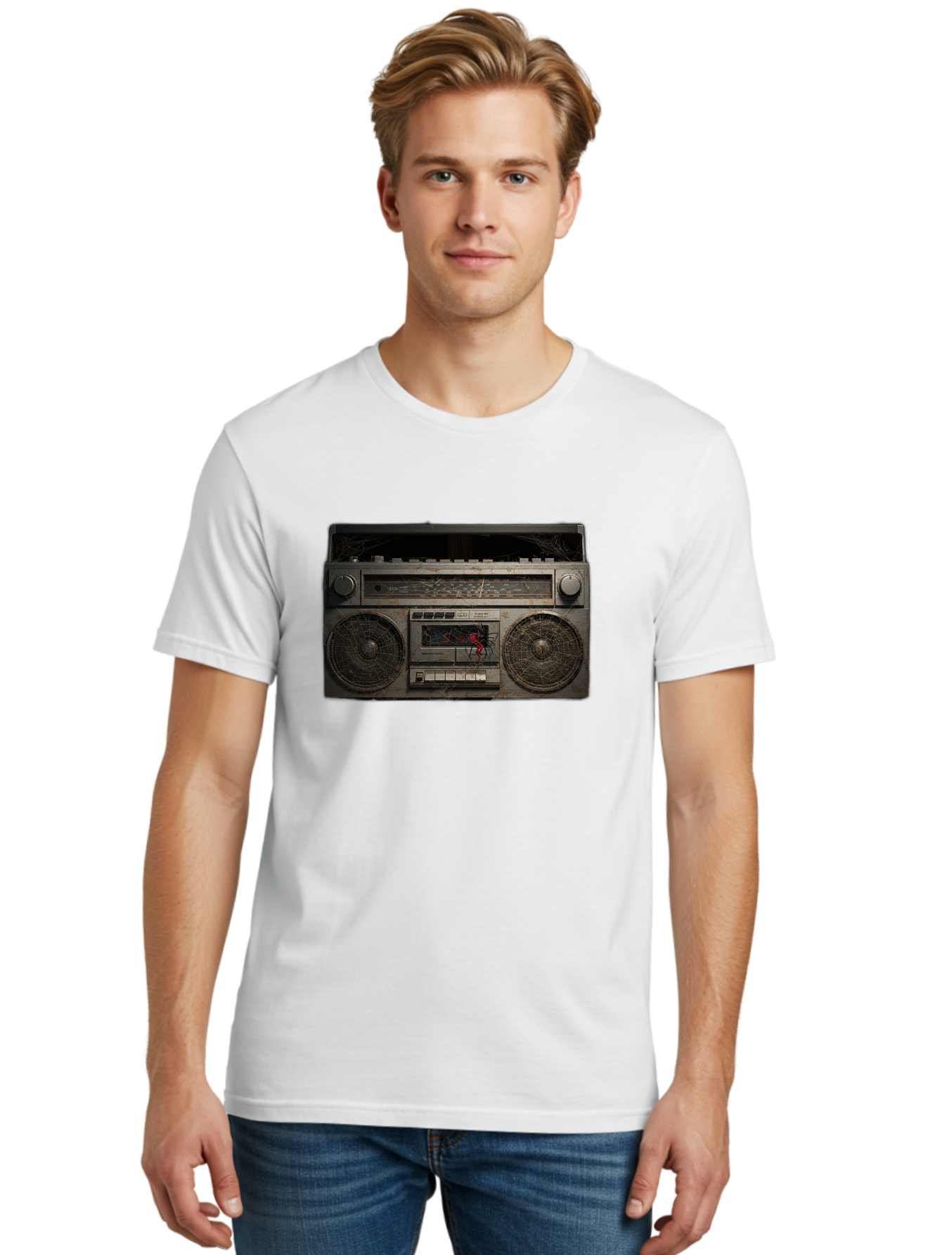 Boombox-With-Spider Men'S Graphic Tee, 100% Cotton, Comfortable Casual Summer Wear, Machine Washable, Vintage Camera, Old Camera, Antique Camera, Black Camera, Classic Photography, Photography Equipment, Nostalgic Device, Film Camera, Baf703