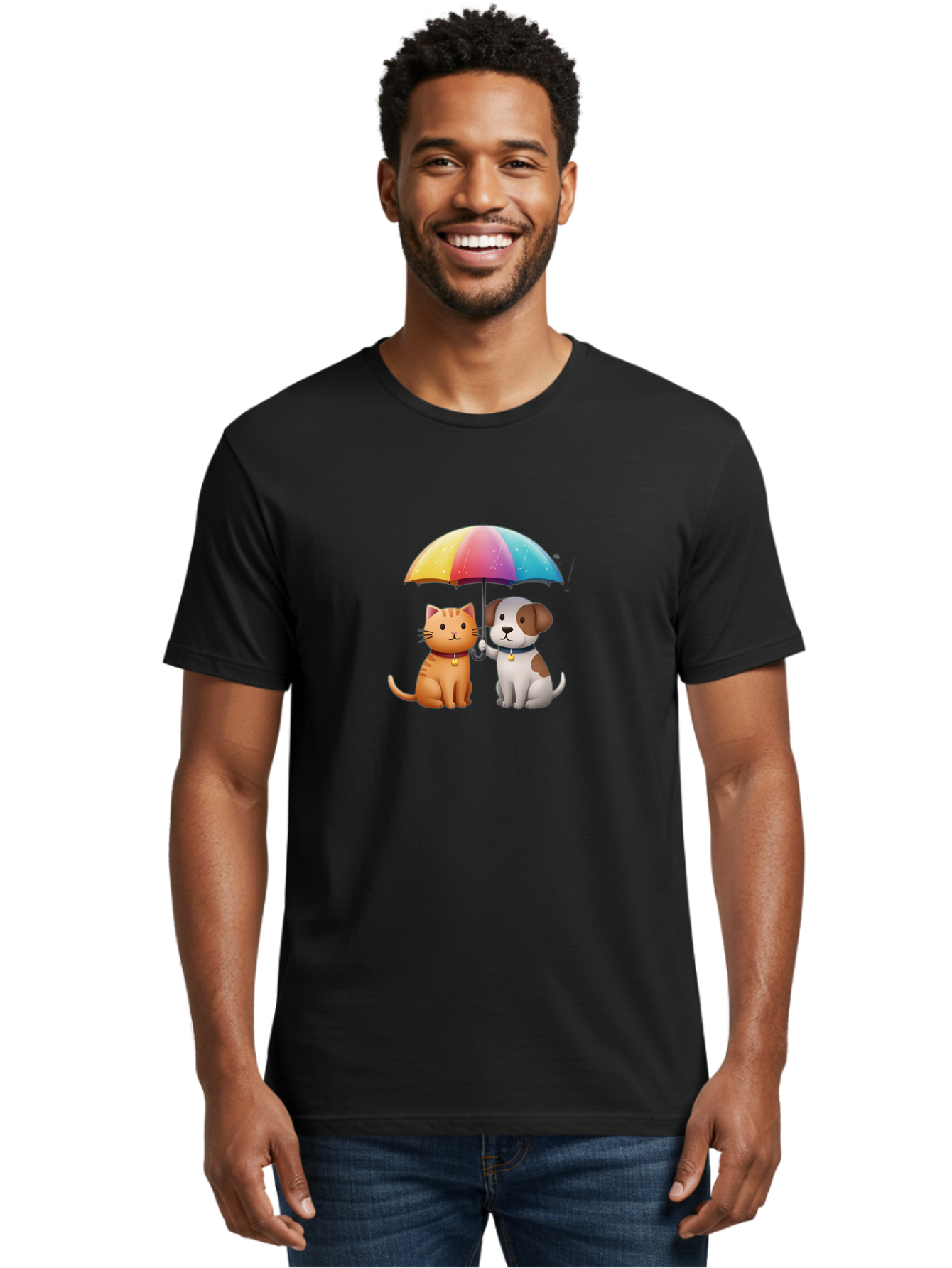 Cat-And-Dog-Under-Rainbow-Umbrella Men'S Graphic Tee, 100% Cotton, Comfortable Casual Summer Wear, Machine Washable, Vintage Camera, Old Camera, Antique Camera, Black Camera, Classic Photography, Photography Equipment, Nostalgic Device, Baf714