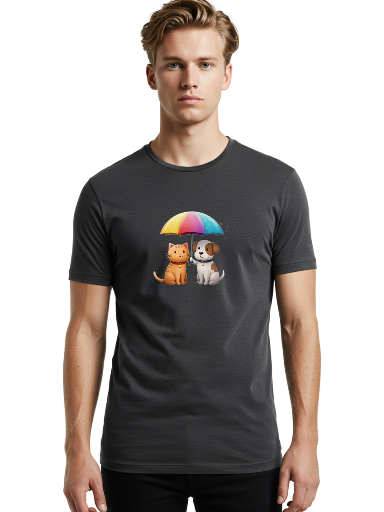 Cat-And-Dog-Under-Rainbow-Umbrella Men'S Graphic Tee, 100% Cotton, Comfortable Casual Summer Wear, Machine Washable, Vintage Camera, Old Camera, Antique Camera, Black Camera, Classic Photography, Photography Equipment, Nostalgic Device, Baf714