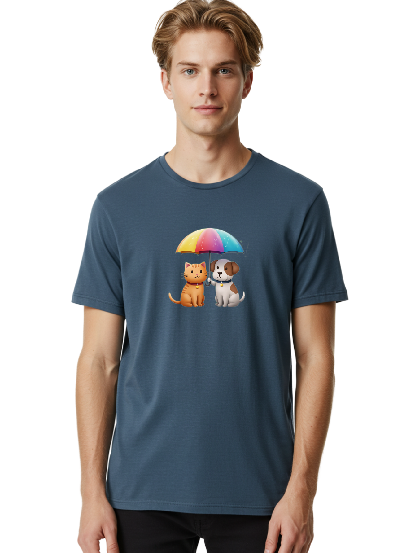 Cat-And-Dog-Under-Rainbow-Umbrella Men'S Graphic Tee, 100% Cotton, Comfortable Casual Summer Wear, Machine Washable, Vintage Camera, Old Camera, Antique Camera, Black Camera, Classic Photography, Photography Equipment, Nostalgic Device, Baf714
