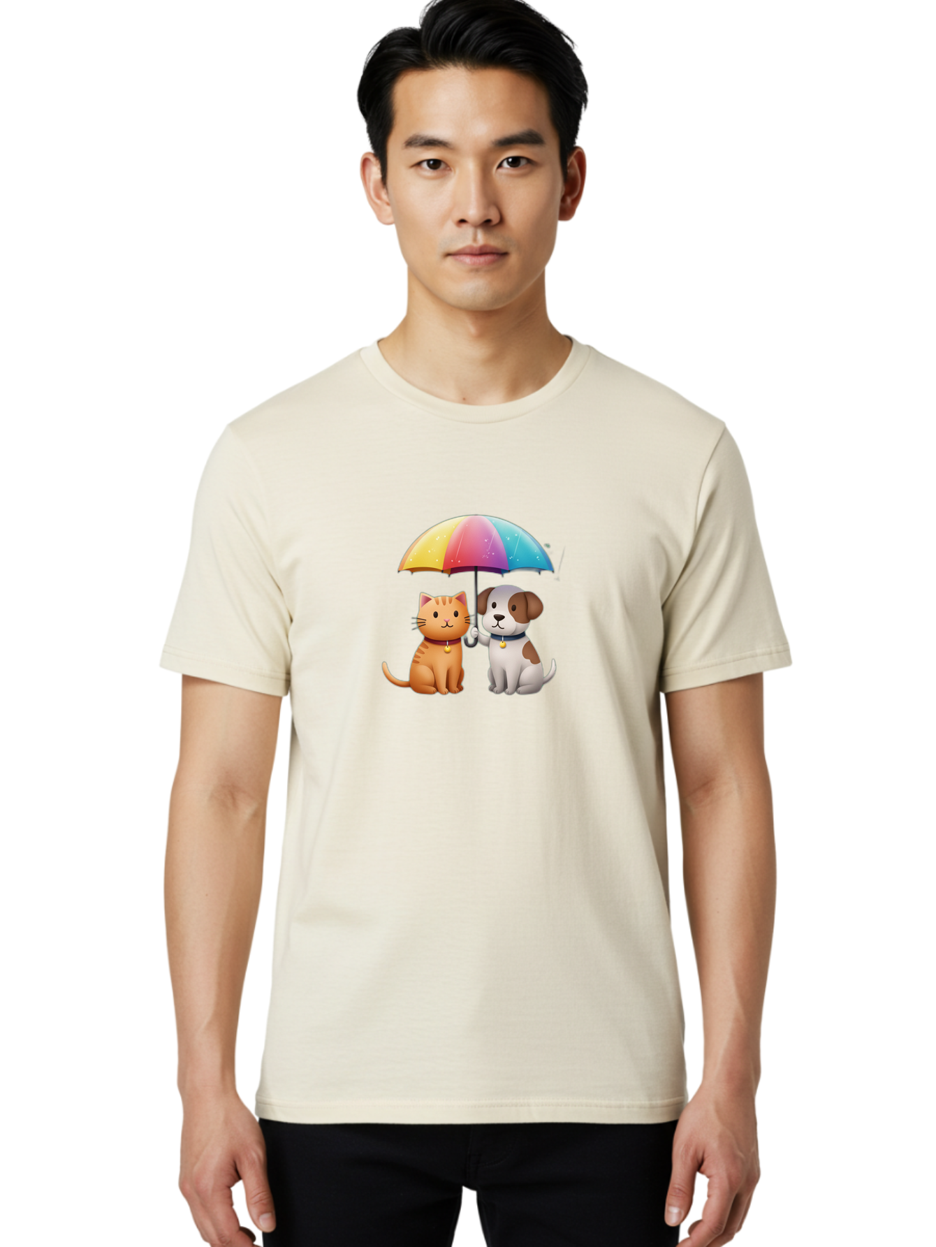 Cat-And-Dog-Under-Rainbow-Umbrella Men'S Graphic Tee, 100% Cotton, Comfortable Casual Summer Wear, Machine Washable, Vintage Camera, Old Camera, Antique Camera, Black Camera, Classic Photography, Photography Equipment, Nostalgic Device, Baf714