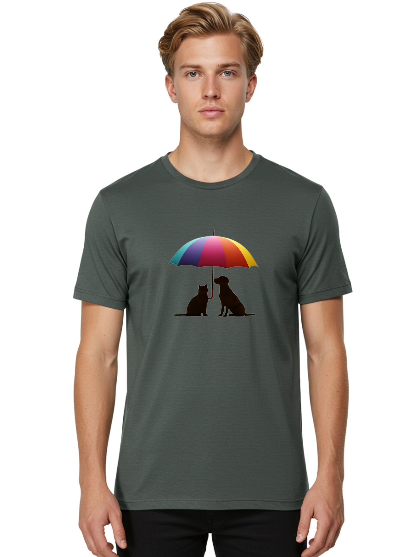 Cat-And-Dog-Under-Umbrella-1 Men'S Graphic Tee, 100% Cotton, Comfortable Casual Summer Wear, Machine Washable, Vintage Camera, Old Camera, Antique Camera, Black Camera, Classic Photography, Photography Equipment, Nostalgic Device, Film Camera, Baf715