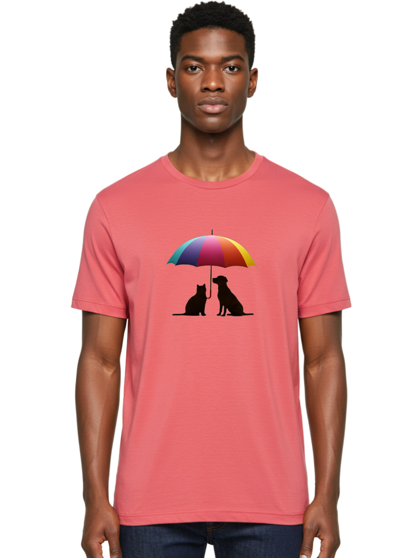 Cat-And-Dog-Under-Umbrella-1 Men'S Graphic Tee, 100% Cotton, Comfortable Casual Summer Wear, Machine Washable, Vintage Camera, Old Camera, Antique Camera, Black Camera, Classic Photography, Photography Equipment, Nostalgic Device, Film Camera, Baf715