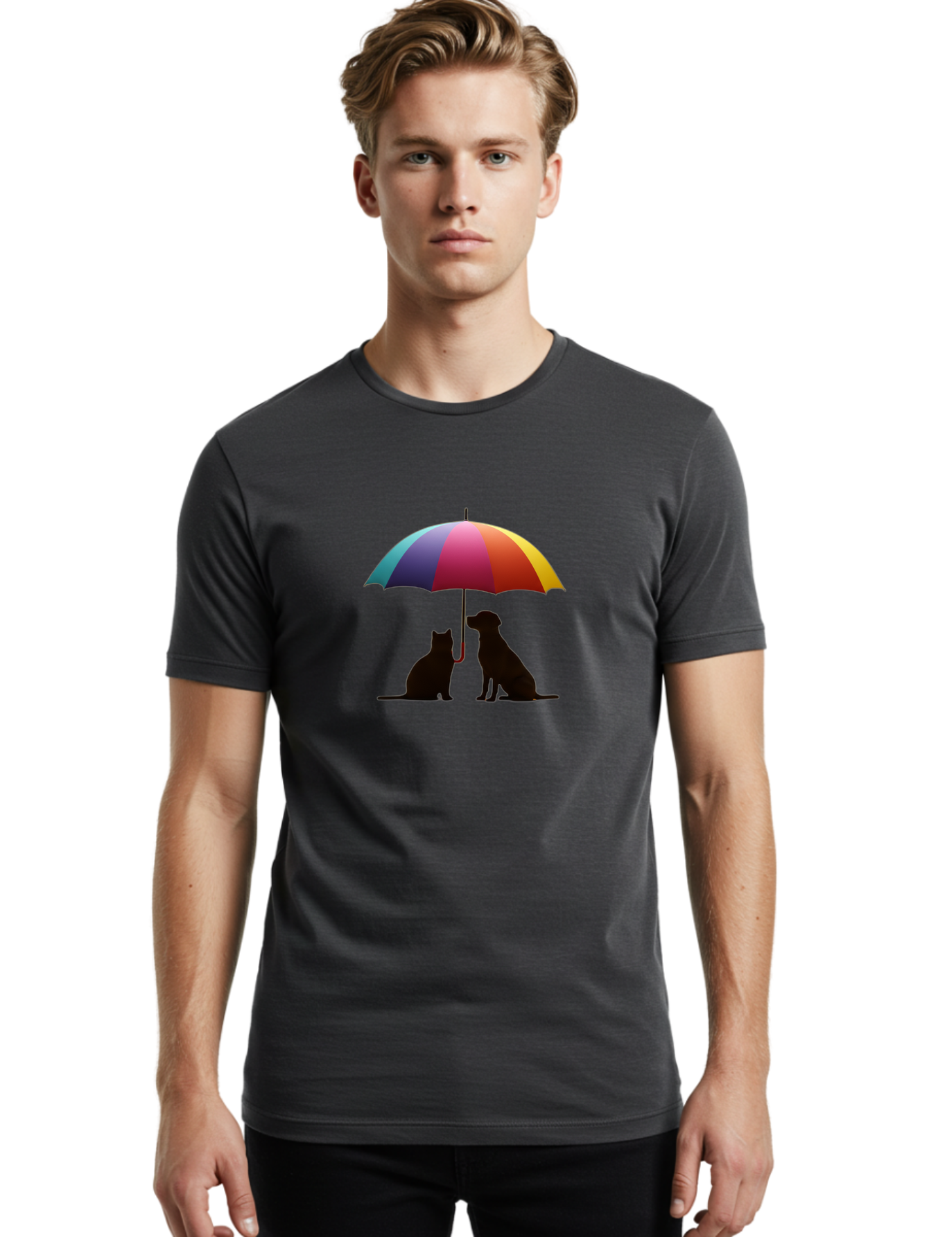 Cat-And-Dog-Under-Umbrella-1 Men'S Graphic Tee, 100% Cotton, Comfortable Casual Summer Wear, Machine Washable, Vintage Camera, Old Camera, Antique Camera, Black Camera, Classic Photography, Photography Equipment, Nostalgic Device, Film Camera, Baf715