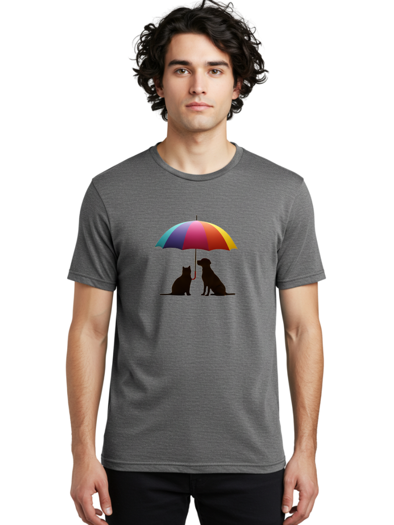 Cat-And-Dog-Under-Umbrella-1 Men'S Graphic Tee, 100% Cotton, Comfortable Casual Summer Wear, Machine Washable, Vintage Camera, Old Camera, Antique Camera, Black Camera, Classic Photography, Photography Equipment, Nostalgic Device, Film Camera, Baf715