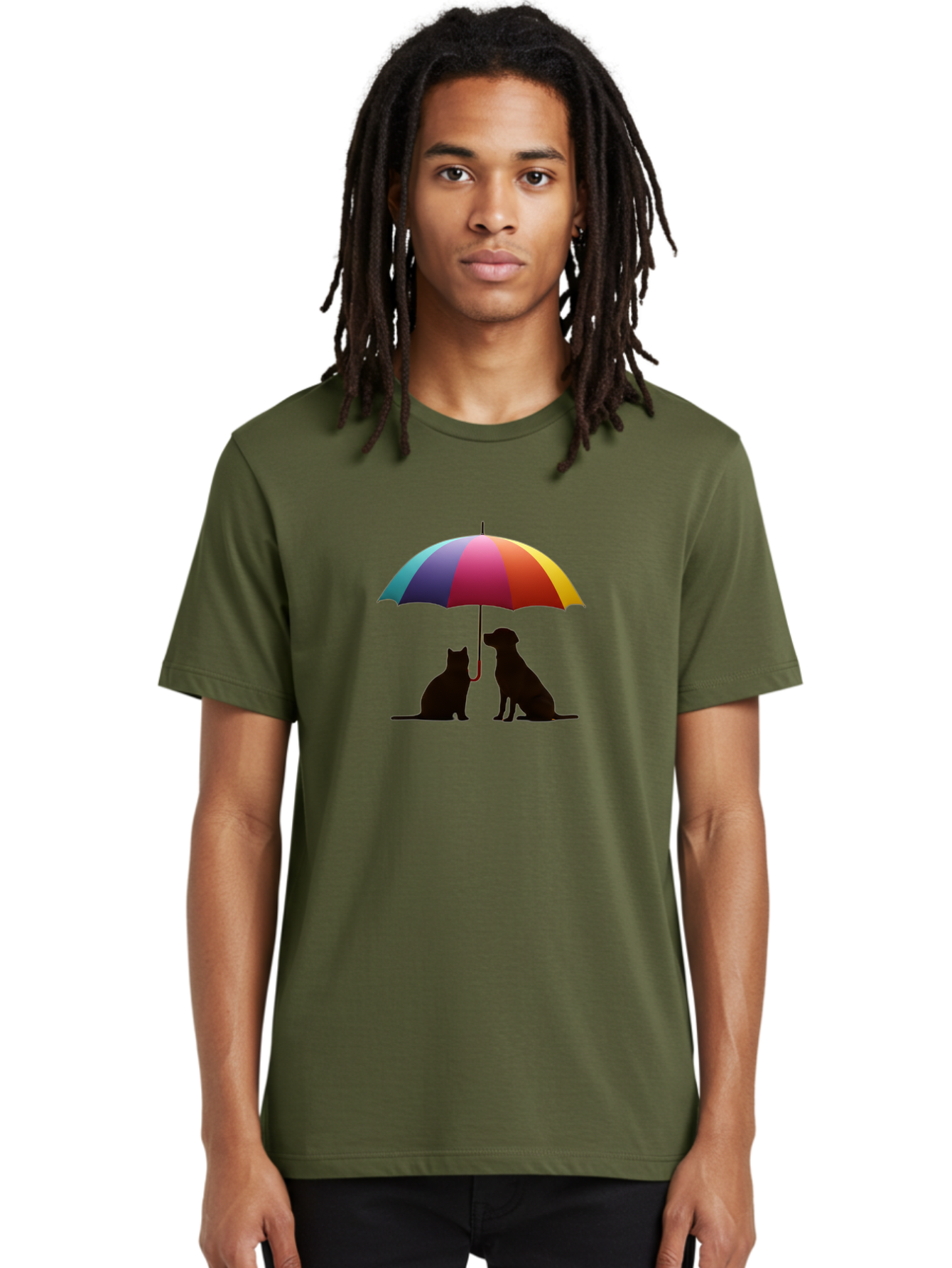 Cat-And-Dog-Under-Umbrella-1 Men'S Graphic Tee, 100% Cotton, Comfortable Casual Summer Wear, Machine Washable, Vintage Camera, Old Camera, Antique Camera, Black Camera, Classic Photography, Photography Equipment, Nostalgic Device, Film Camera, Baf715