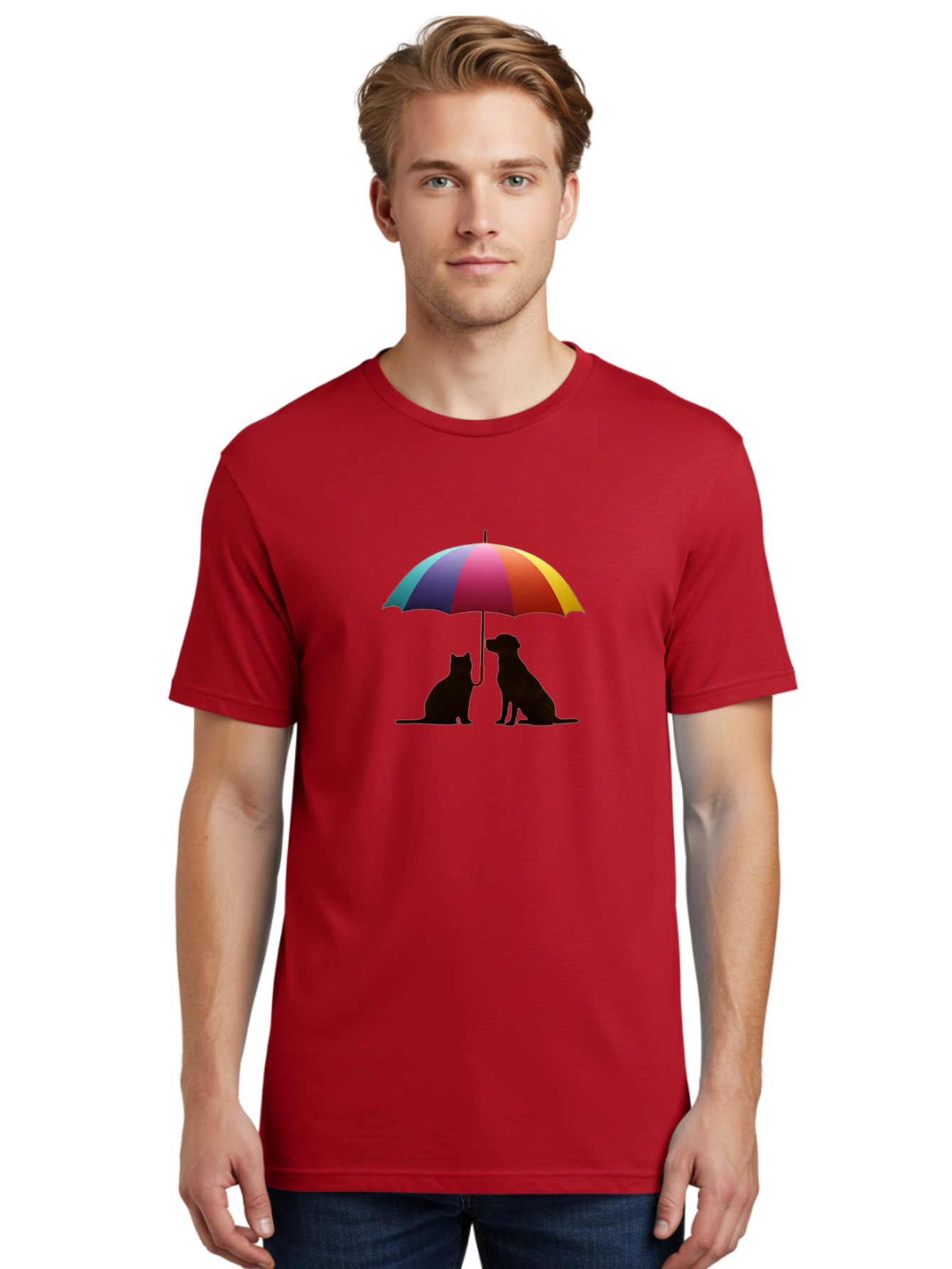 Cat-And-Dog-Under-Umbrella-1 Men'S Graphic Tee, 100% Cotton, Comfortable Casual Summer Wear, Machine Washable, Vintage Camera, Old Camera, Antique Camera, Black Camera, Classic Photography, Photography Equipment, Nostalgic Device, Film Camera, Baf715