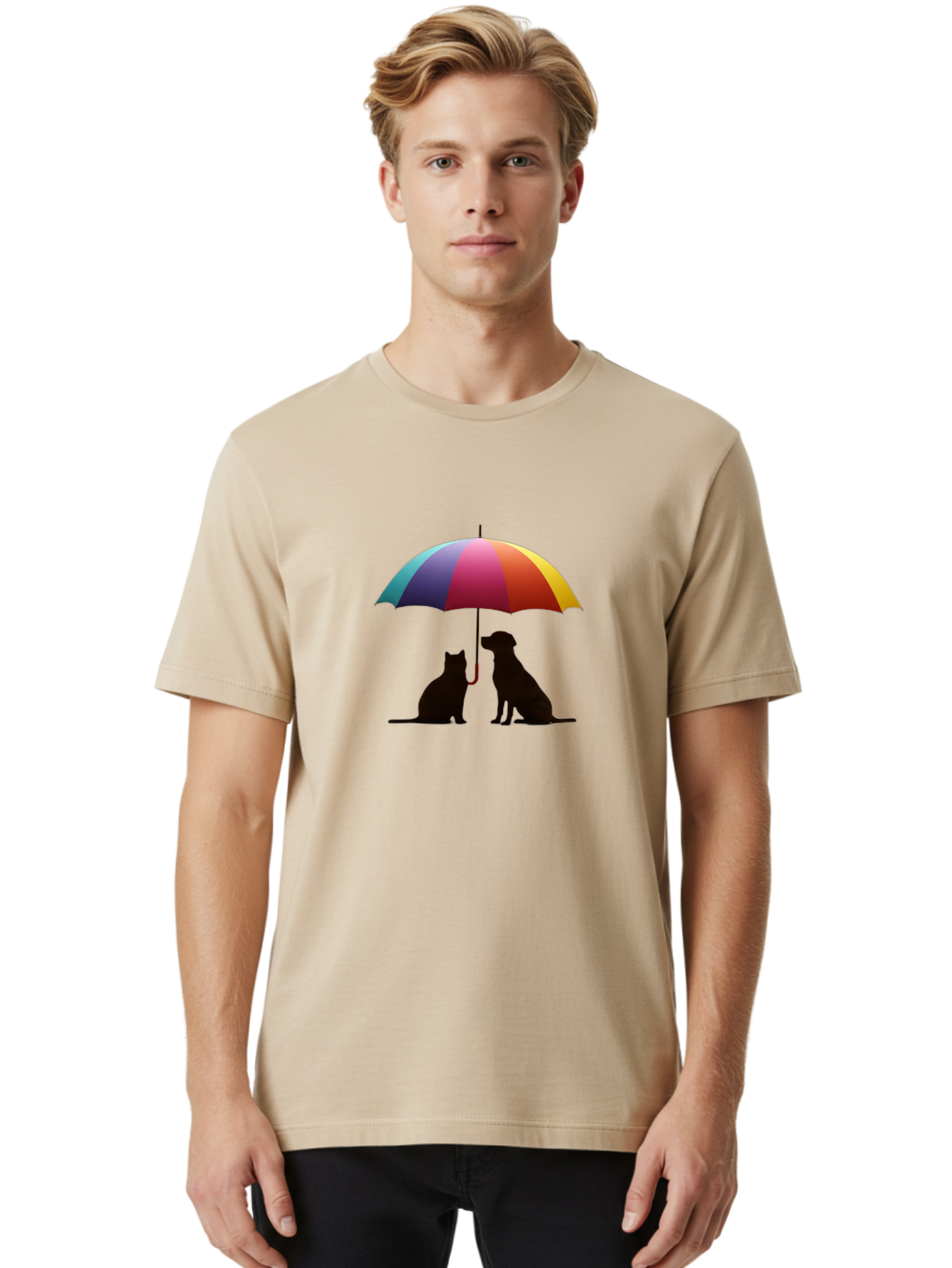Cat-And-Dog-Under-Umbrella-1 Men'S Graphic Tee, 100% Cotton, Comfortable Casual Summer Wear, Machine Washable, Vintage Camera, Old Camera, Antique Camera, Black Camera, Classic Photography, Photography Equipment, Nostalgic Device, Film Camera, Baf715