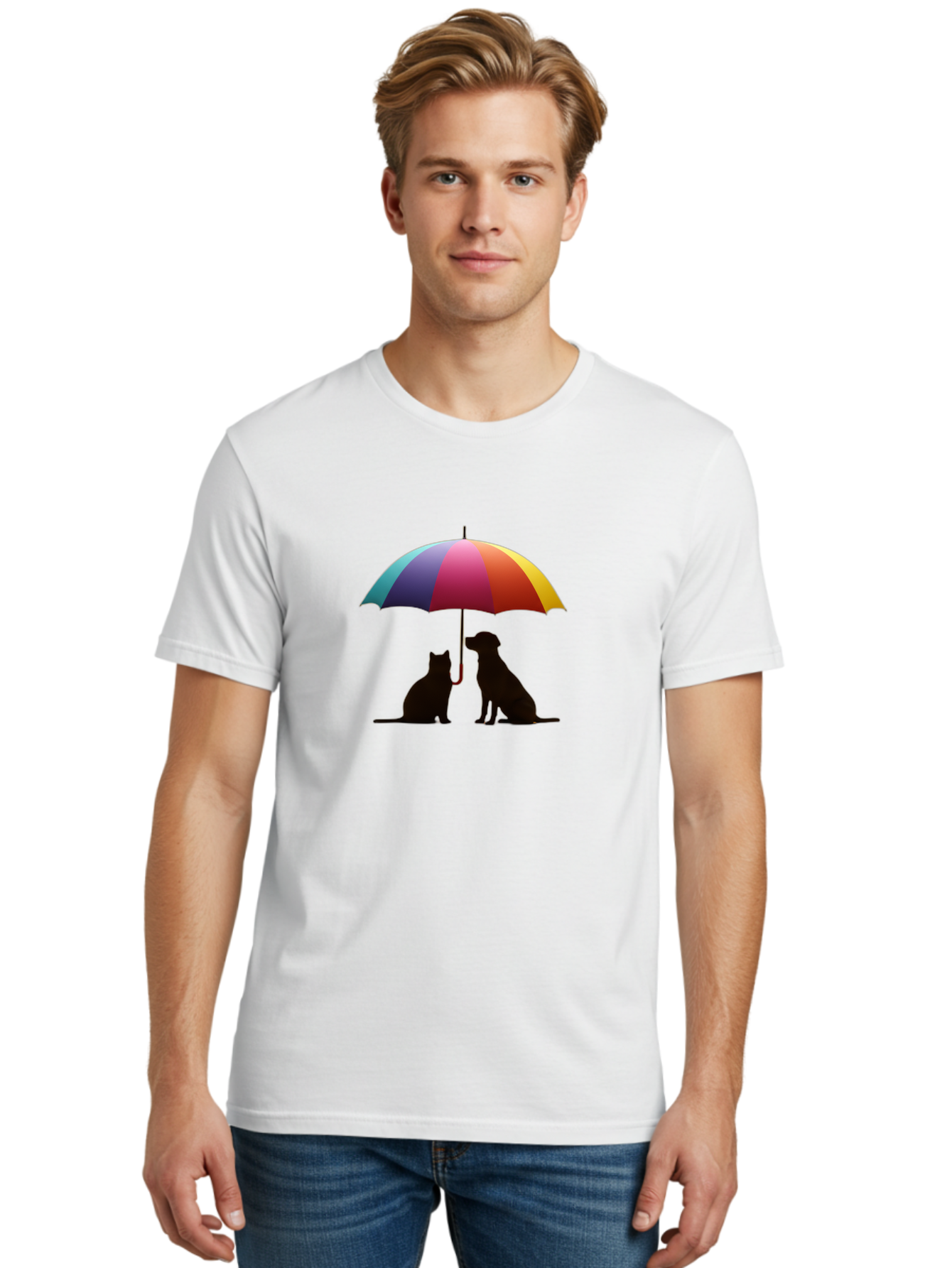 Cat-And-Dog-Under-Umbrella-1 Men'S Graphic Tee, 100% Cotton, Comfortable Casual Summer Wear, Machine Washable, Vintage Camera, Old Camera, Antique Camera, Black Camera, Classic Photography, Photography Equipment, Nostalgic Device, Film Camera, Baf715
