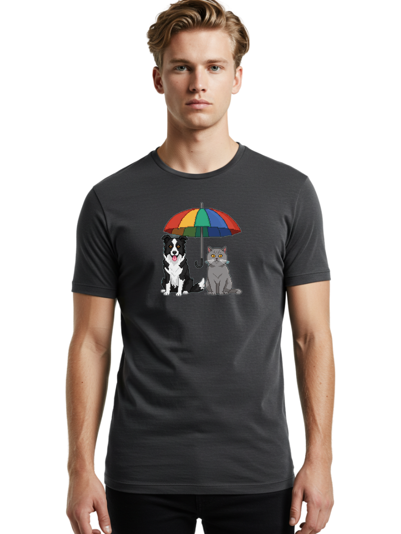Cat-And-Dog-Under-Umbrella-3 Men'S Graphic Tee, 100% Cotton, Comfortable Casual Summer Wear, Machine Washable, Vintage Camera, Old Camera, Antique Camera, Black Camera, Classic Photography, Photography Equipment, Nostalgic Device, Film Camera, Baf717