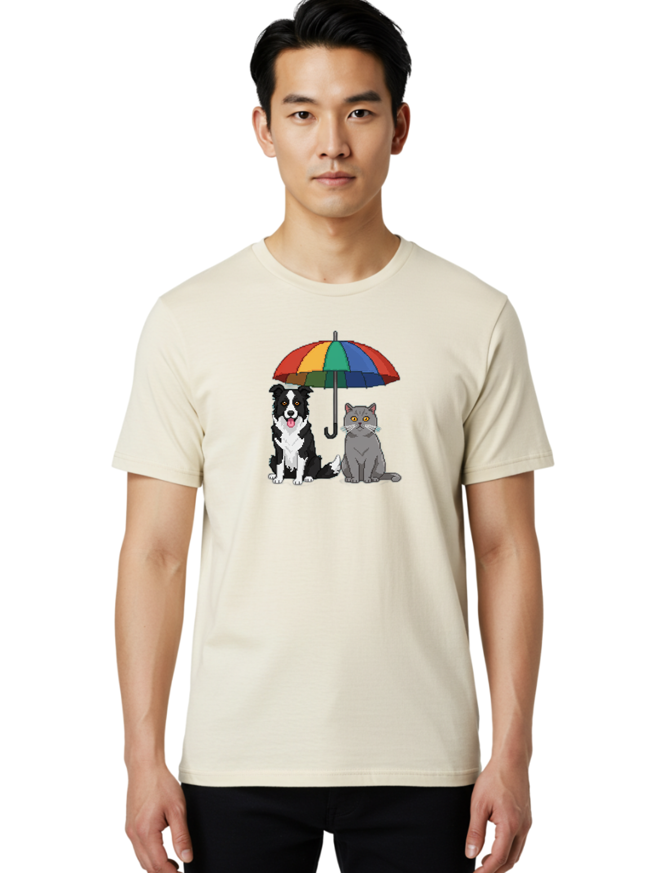 Cat-And-Dog-Under-Umbrella-3 Men'S Graphic Tee, 100% Cotton, Comfortable Casual Summer Wear, Machine Washable, Vintage Camera, Old Camera, Antique Camera, Black Camera, Classic Photography, Photography Equipment, Nostalgic Device, Film Camera, Baf717