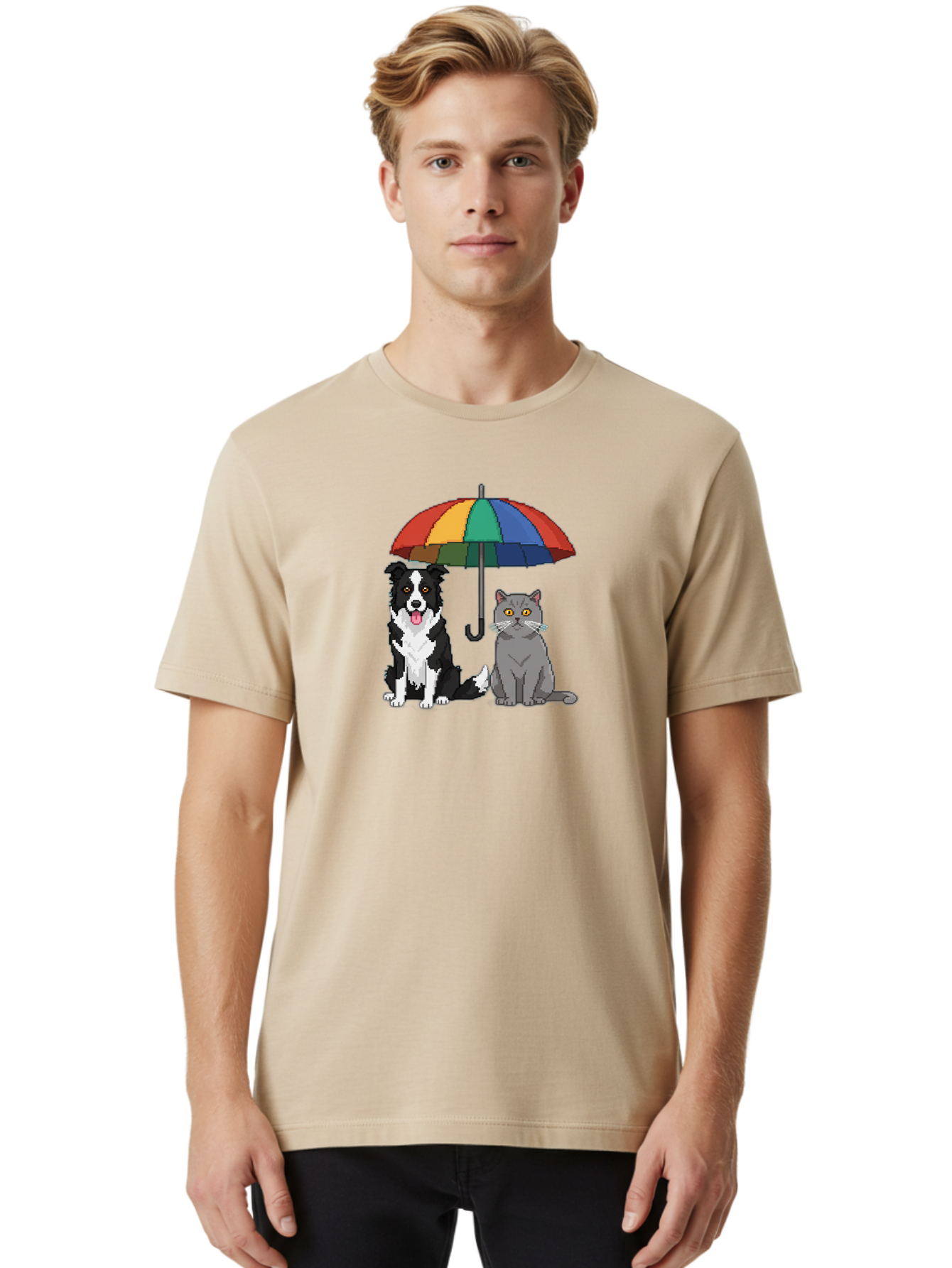 Cat-And-Dog-Under-Umbrella-3 Men'S Graphic Tee, 100% Cotton, Comfortable Casual Summer Wear, Machine Washable, Vintage Camera, Old Camera, Antique Camera, Black Camera, Classic Photography, Photography Equipment, Nostalgic Device, Film Camera, Baf717