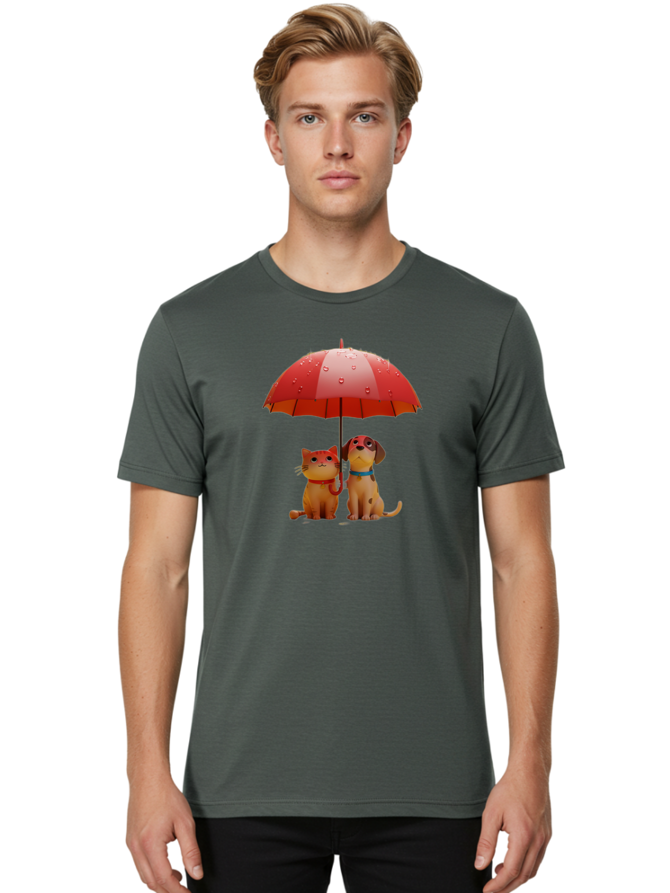 Cat-And-Dog-Under-Umbrella-4 Men'S Graphic Tee, 100% Cotton, Comfortable Casual Summer Wear, Machine Washable, Vintage Camera, Old Camera, Antique Camera, Black Camera, Classic Photography, Photography Equipment, Nostalgic Device, Film Camera, Baf718