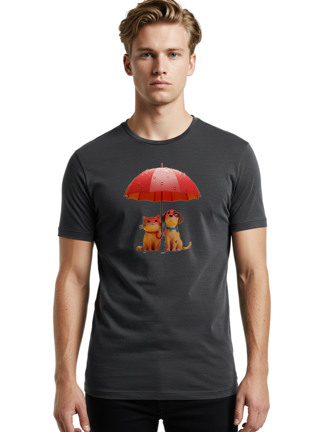 Cat-And-Dog-Under-Umbrella-4 Men'S Graphic Tee, 100% Cotton, Comfortable Casual Summer Wear, Machine Washable, Vintage Camera, Old Camera, Antique Camera, Black Camera, Classic Photography, Photography Equipment, Nostalgic Device, Film Camera, Baf718