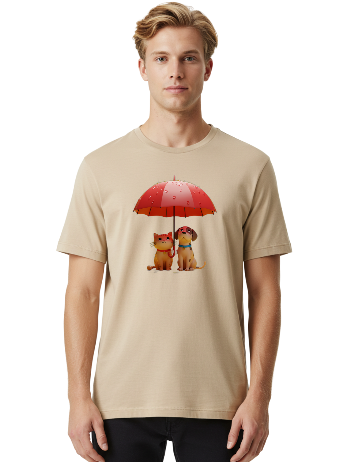 Cat-And-Dog-Under-Umbrella-4 Men'S Graphic Tee, 100% Cotton, Comfortable Casual Summer Wear, Machine Washable, Vintage Camera, Old Camera, Antique Camera, Black Camera, Classic Photography, Photography Equipment, Nostalgic Device, Film Camera, Baf718