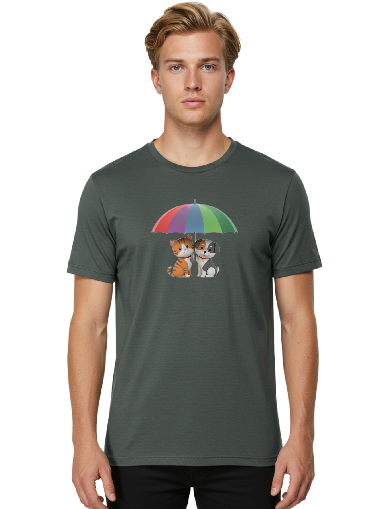 Cat-And-Dog-Under-Umbrella-5 Men'S Graphic Tee, 100% Cotton, Comfortable Casual Summer Wear, Machine Washable, Vintage Camera, Old Camera, Antique Camera, Black Camera, Classic Photography, Photography Equipment, Nostalgic Device, Film Camera, Baf719